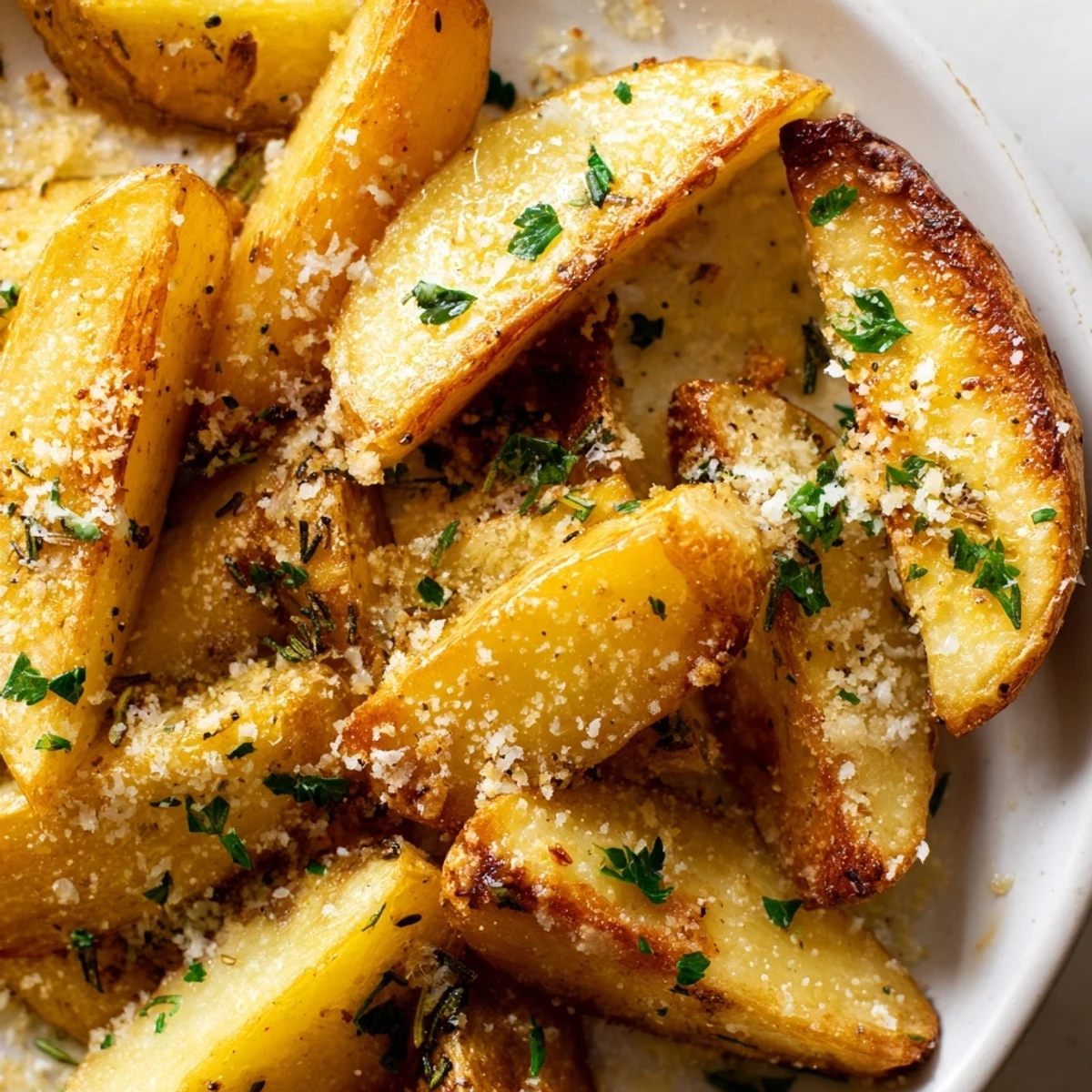 Golden brown Rosemary Parmesan Potato Wedges ready to serve, sprinkled with fresh Parmesan and parsley.