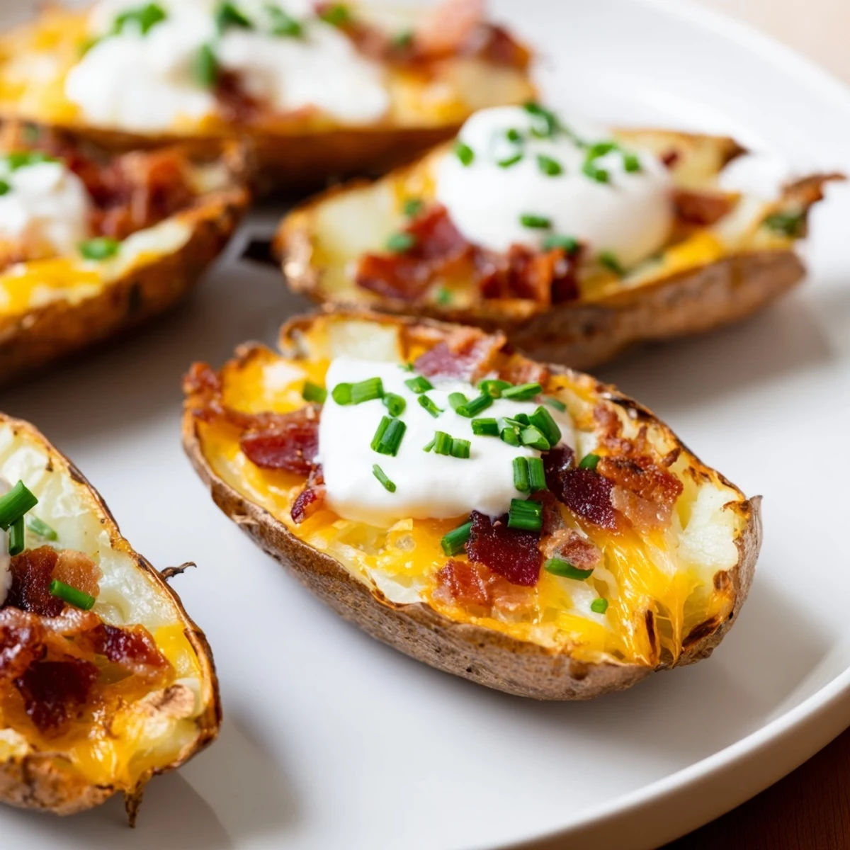 Golden, crispy Loaded Baked Potato Skins, generously filled with melted cheese and bacon before serving.