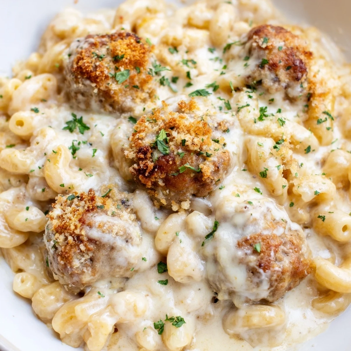 Golden, bubbling Mac & Cheese Meatball Bake, topped with crispy breadcrumbs and fresh parsley, ready to serve.