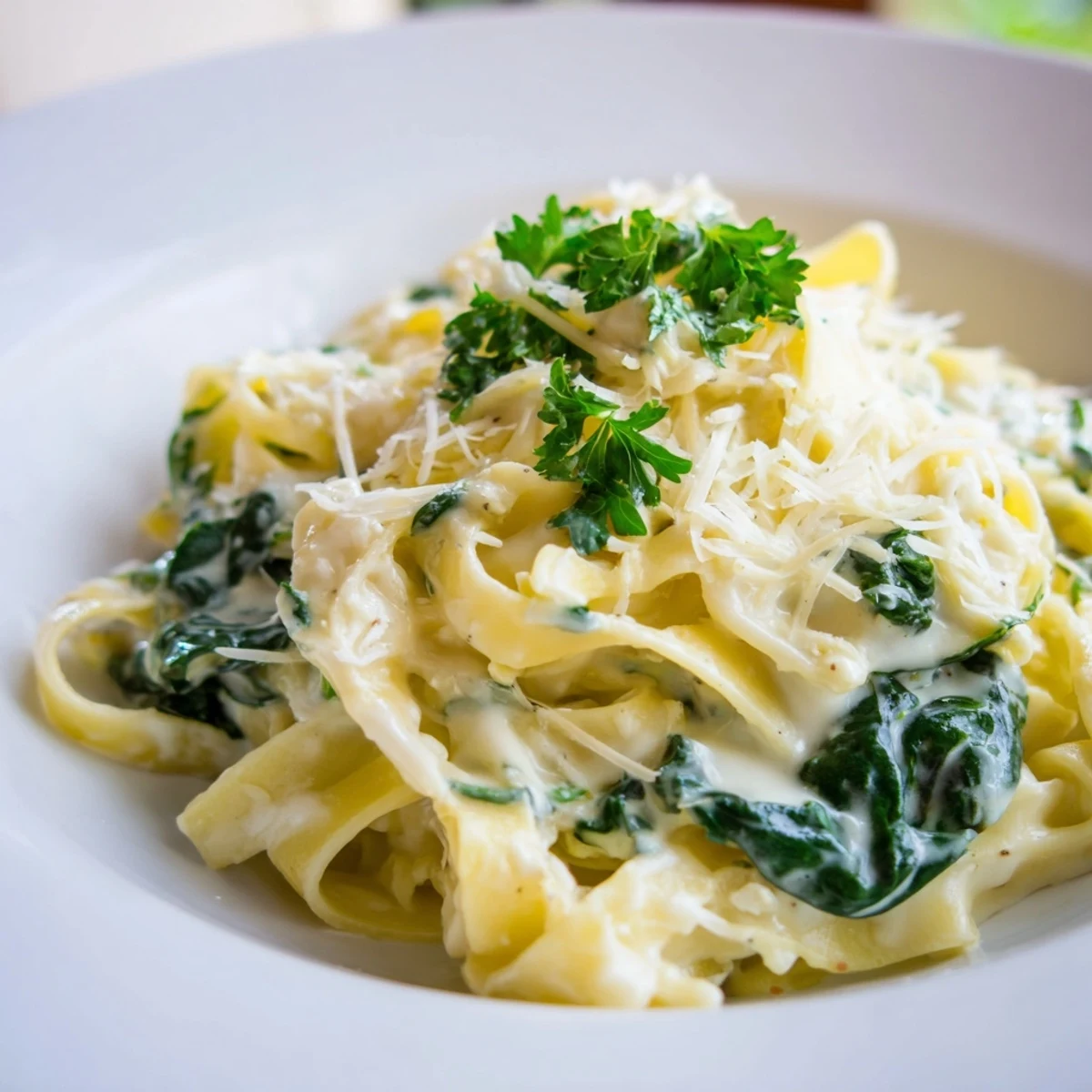 Creamy Spinach Fettuccine Alfredo: A rich, creamy pasta with spinach, ready to serve, sprinkled with Parmesan.