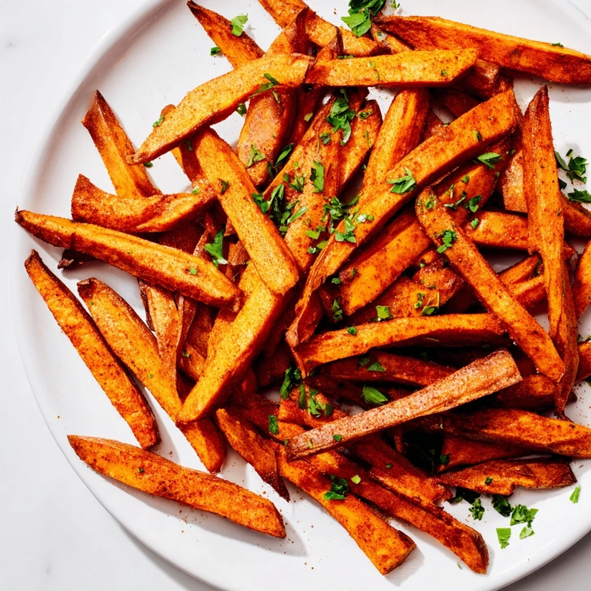 Air-fried Cajun spiced sweet potato fries, with a vibrant, flavorful spice coating and fresh parsley garnish.