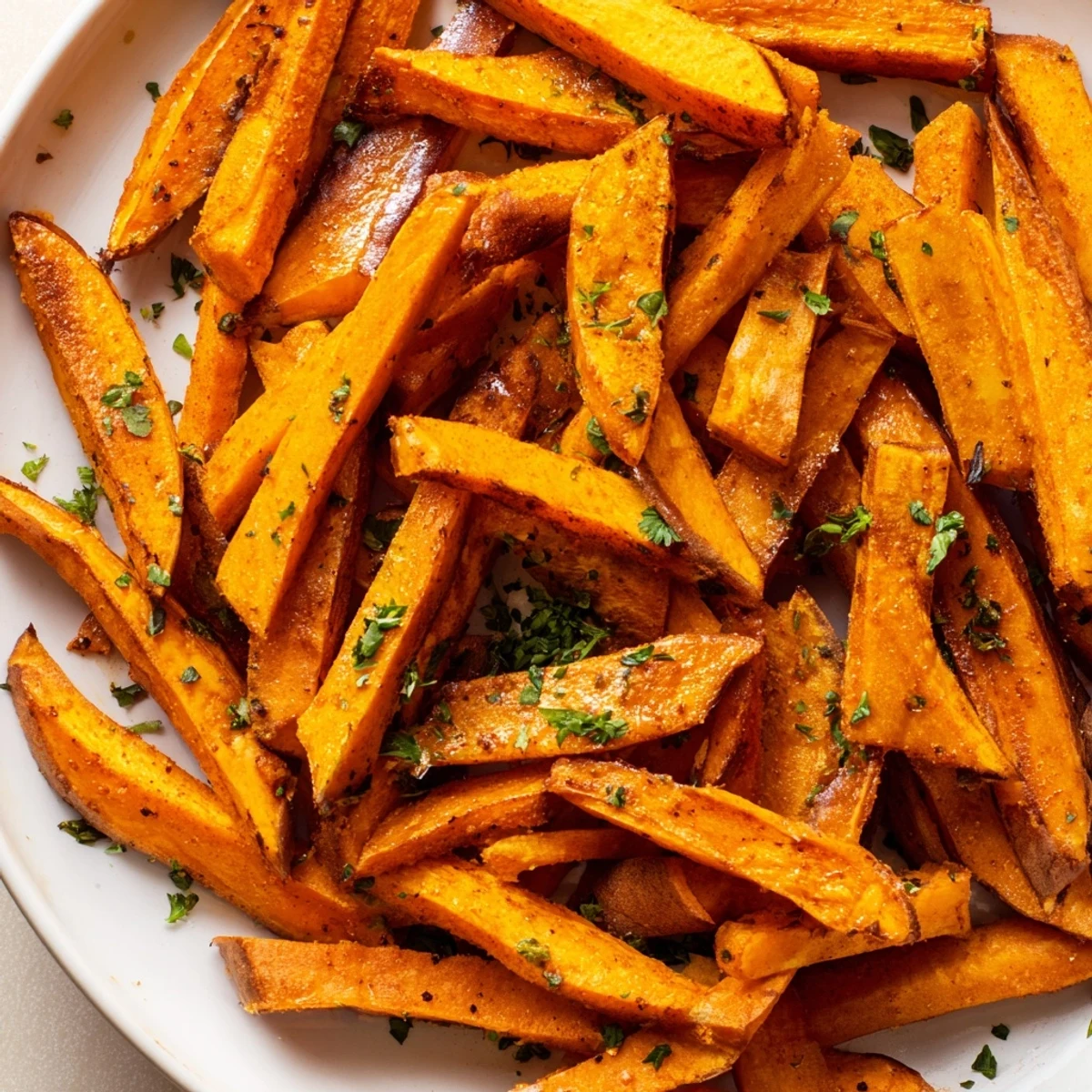 Close-up of a plate of Cajun spiced sweet potato fries with a visible, delicious, crispy texture.