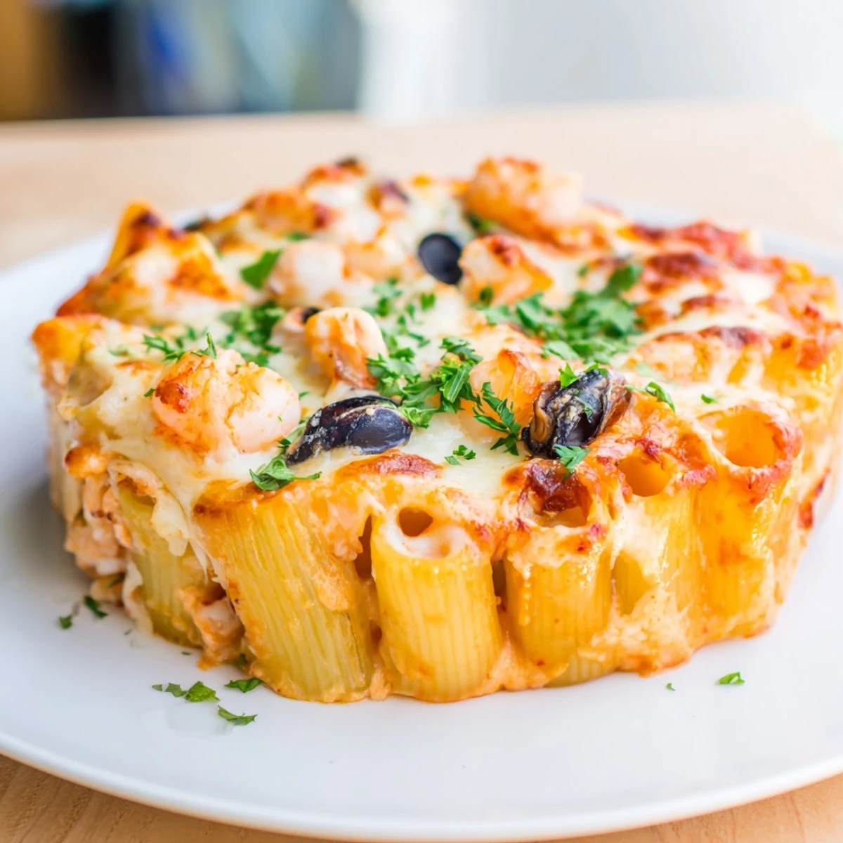 An inviting shot of cheesy Seafood Pasta Bake, loaded with succulent seafood and creamy sauce.