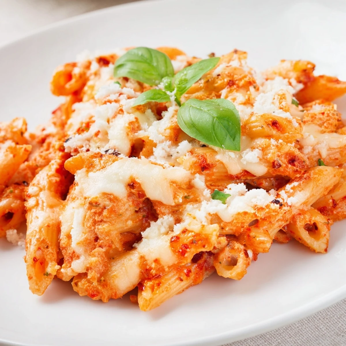 Close-up of baked penne arrabbiata, showcasing a fiery red tomato sauce and Parmesan topping.