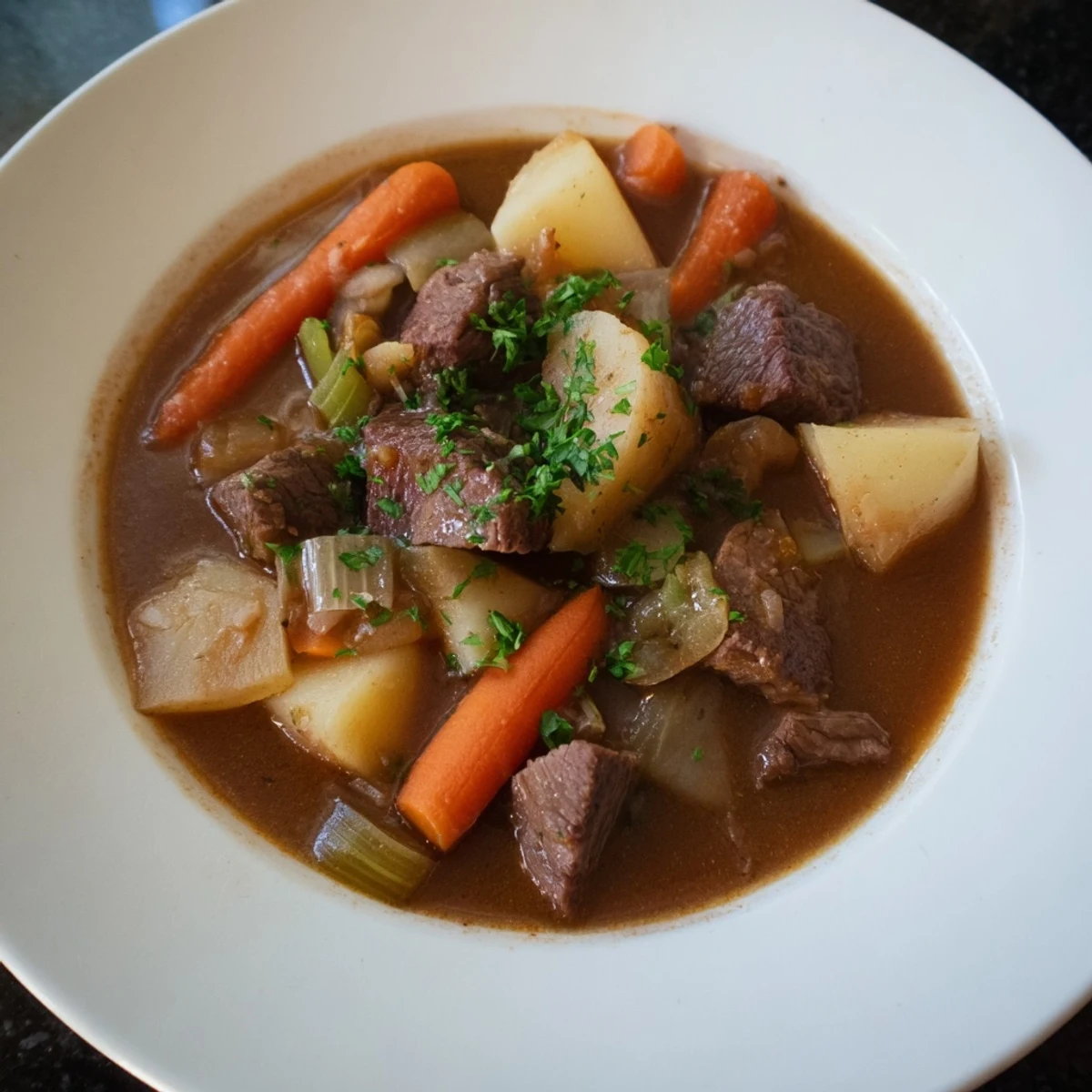 A steaming bowl of Irish beef stew, the tender beef and potatoes in savory broth.
