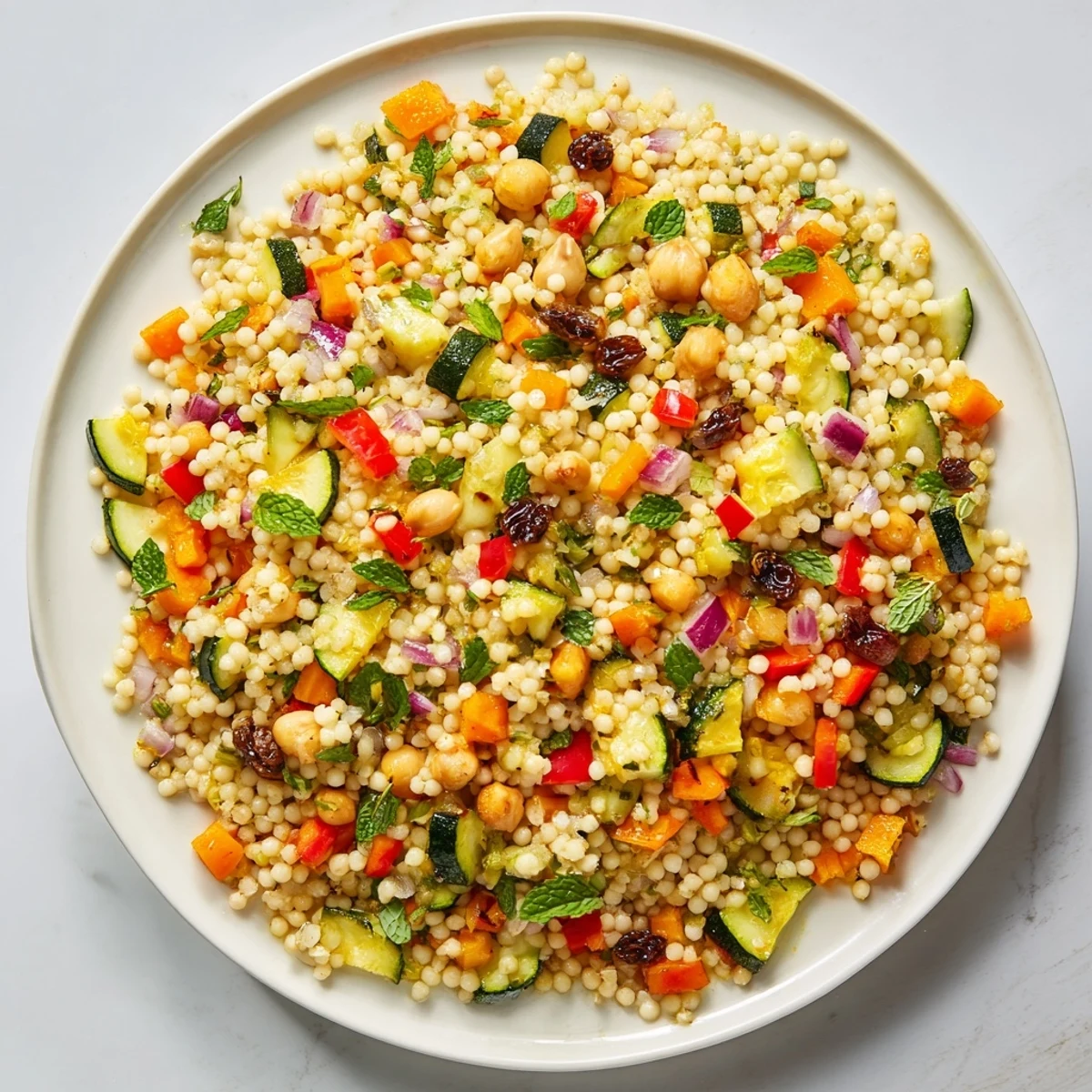 A bright bowl of Moroccan Couscous Salad, showing off roasted vegetables and a zesty lemon dressing.