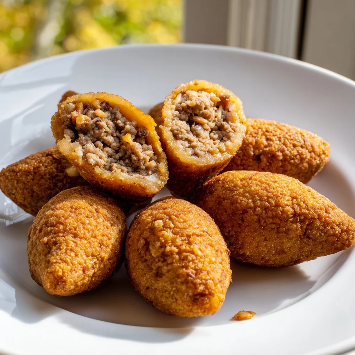 A close-up of perfectly fried Lebanese Kibbeh showing its flaky, spiced meat exterior.