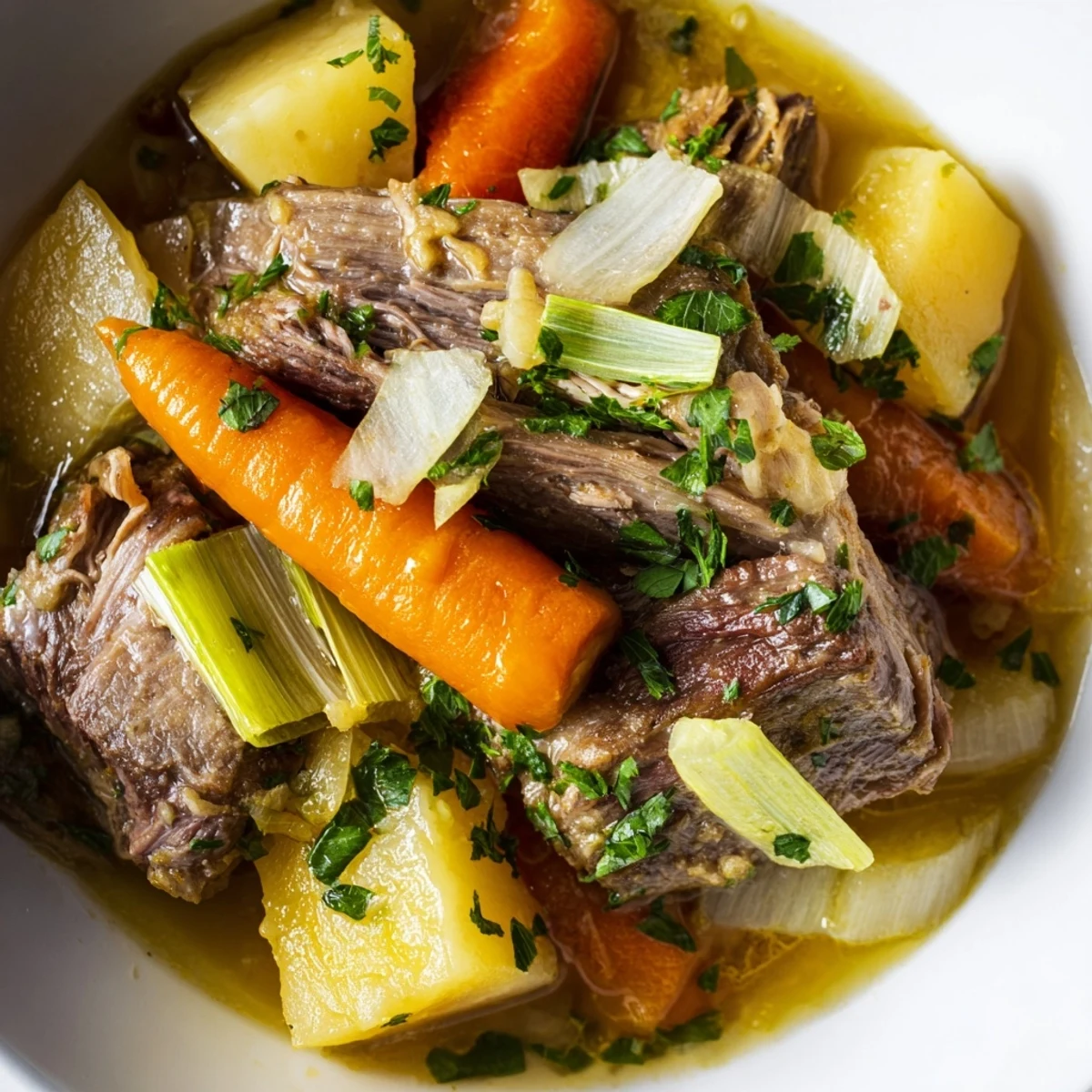 Hearty Welsh Cawl stew, with tender lamb and root vegetables steaming in a savory broth, ready to eat.