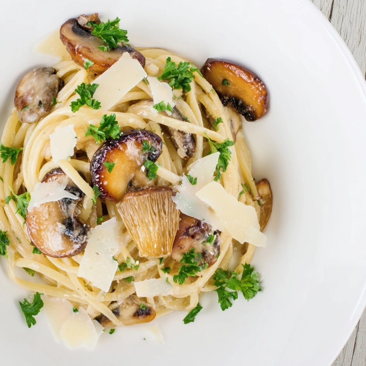 Close-up of freshly made Creamy Mushroom Linguine, with Parmesan and parsley garnish, delicious!