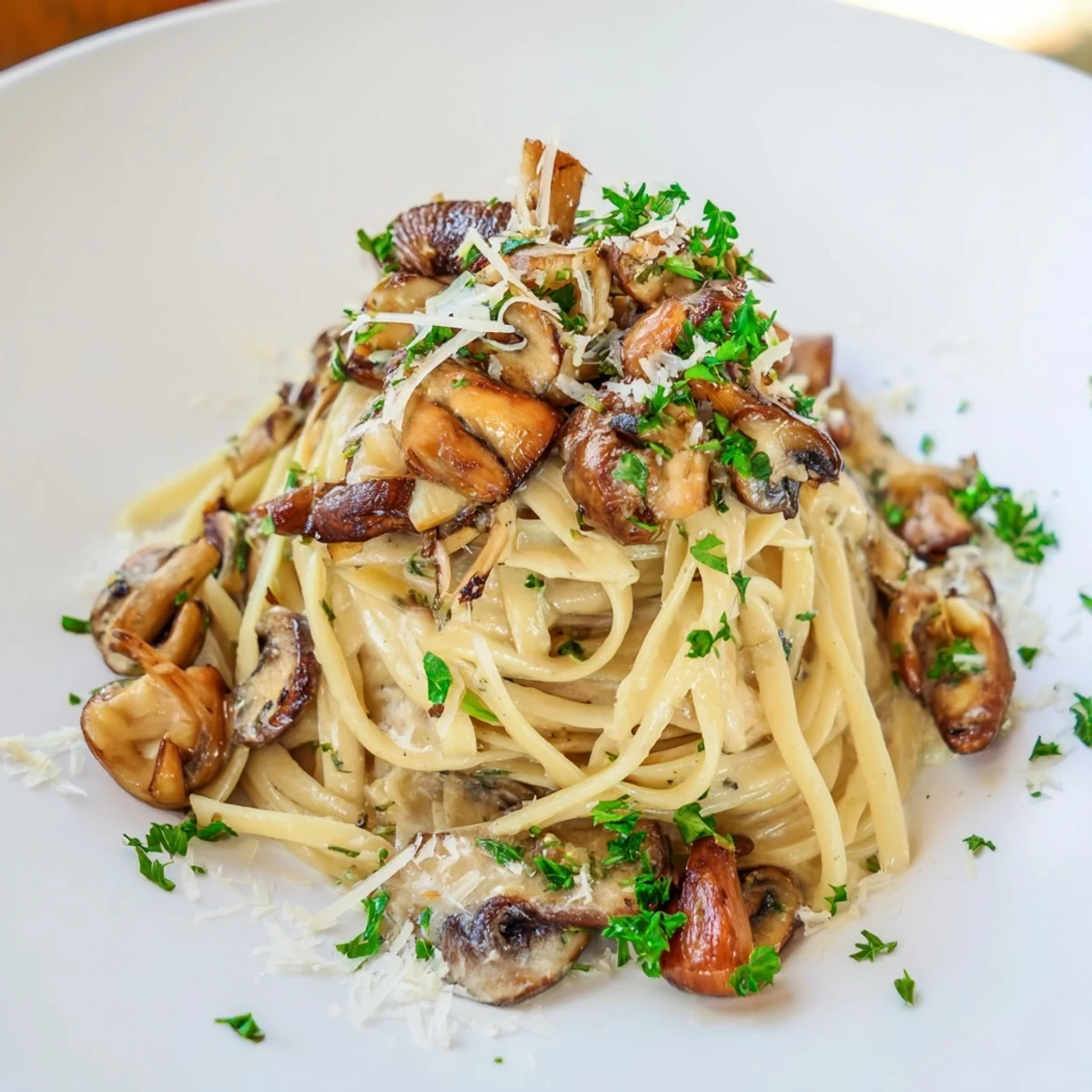 Beautiful, plated Creamy Mushroom Linguine, ready for a comforting Italian vegetarian dinner at home.