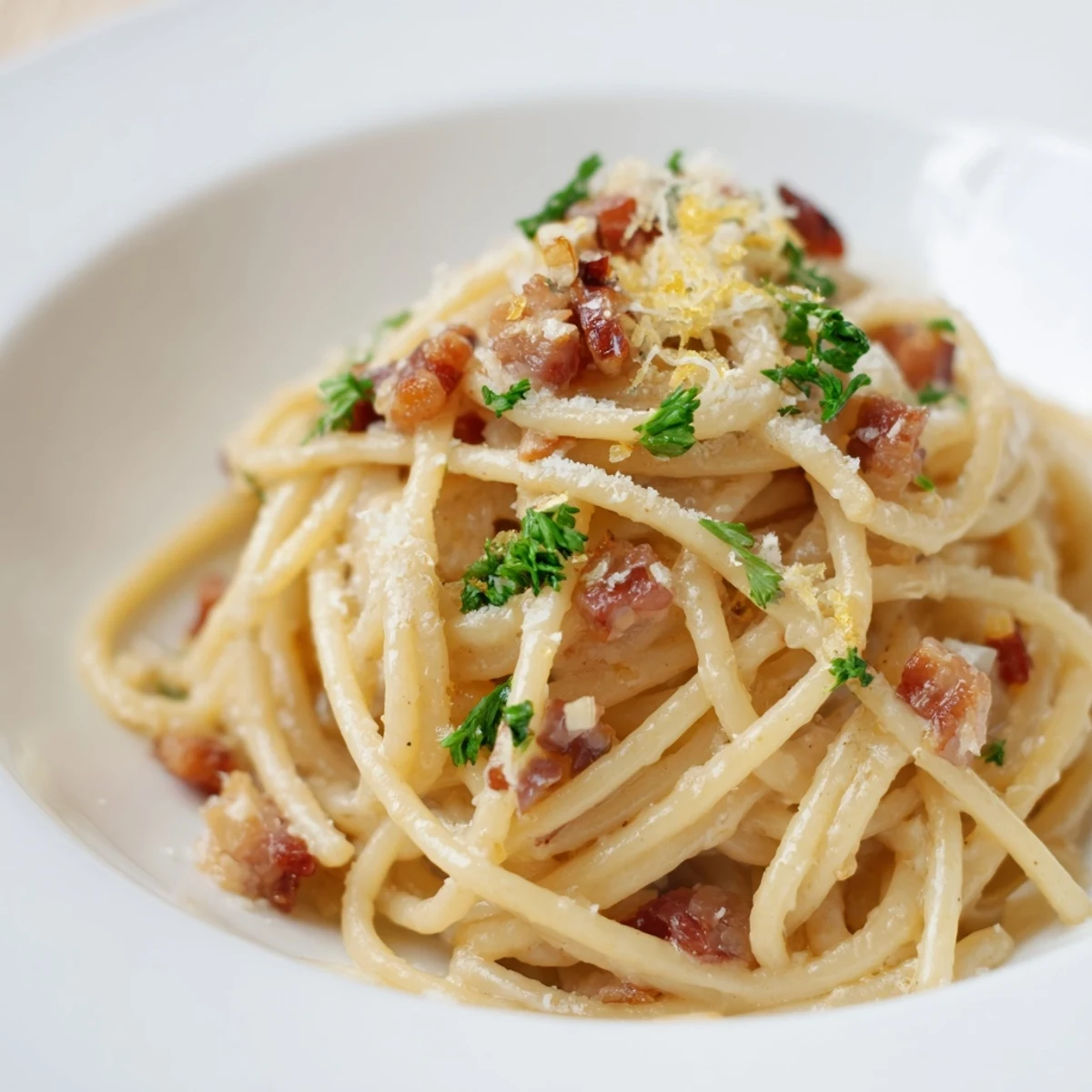 Golden, crispy bacon with garlic and fresh parsley atop delicious Crispy Bacon Linguine.