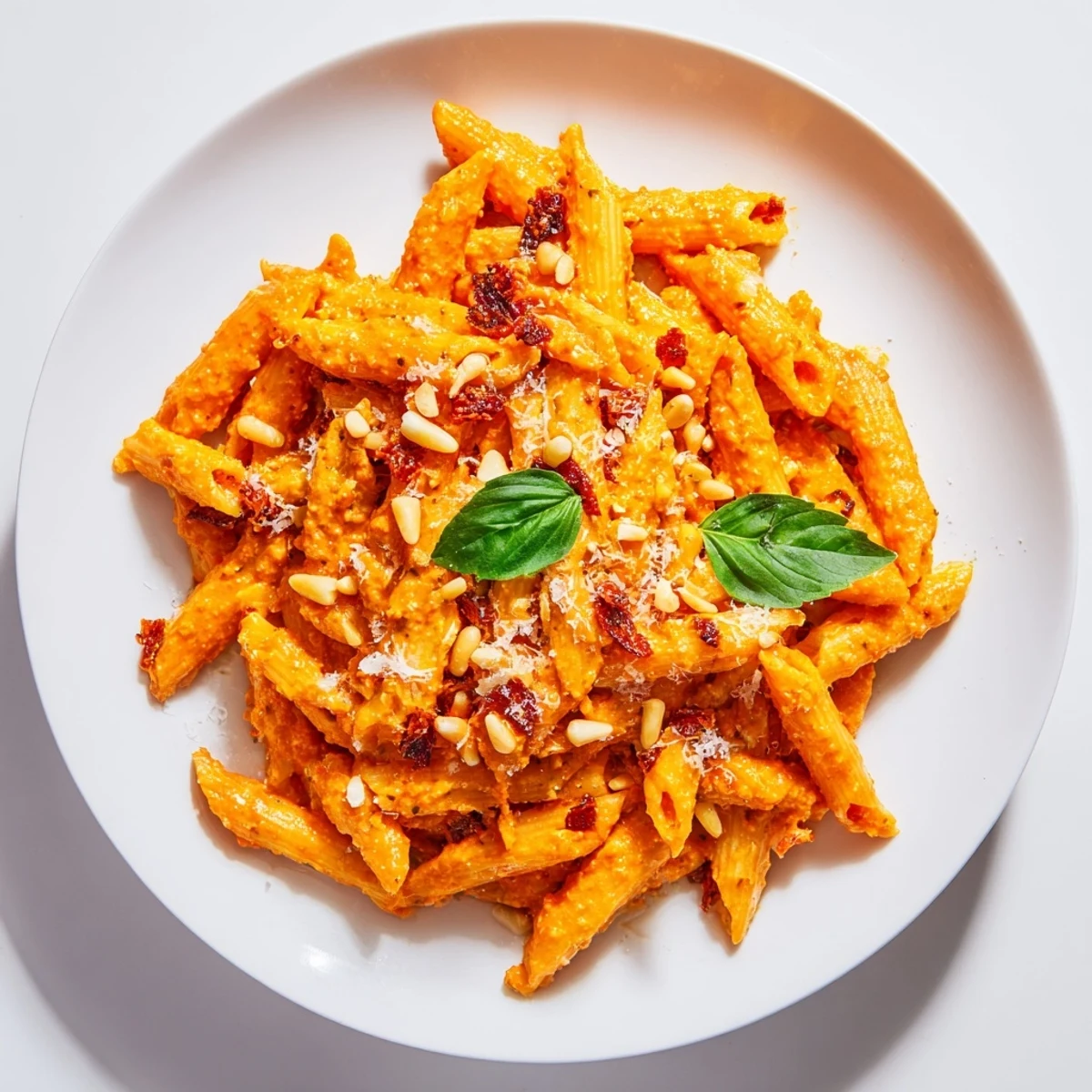 Bright, flavorful sun-dried tomato pesto pasta garnished with fresh basil, for a delicious Italian meal.