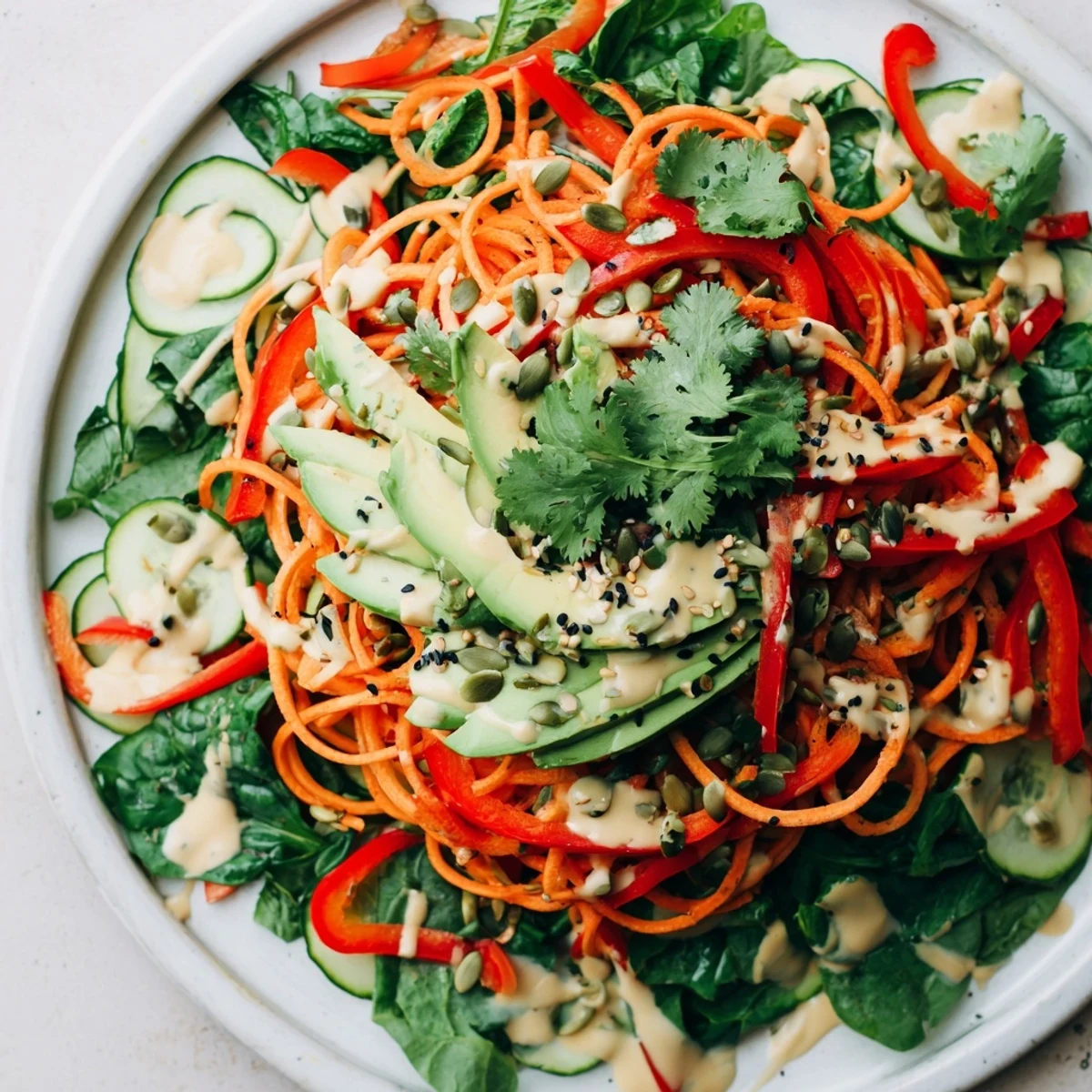 Bright, colorful Carrot Noodle Skincare Bowl with fresh vegetables and zesty lime dressing, ready to enjoy.