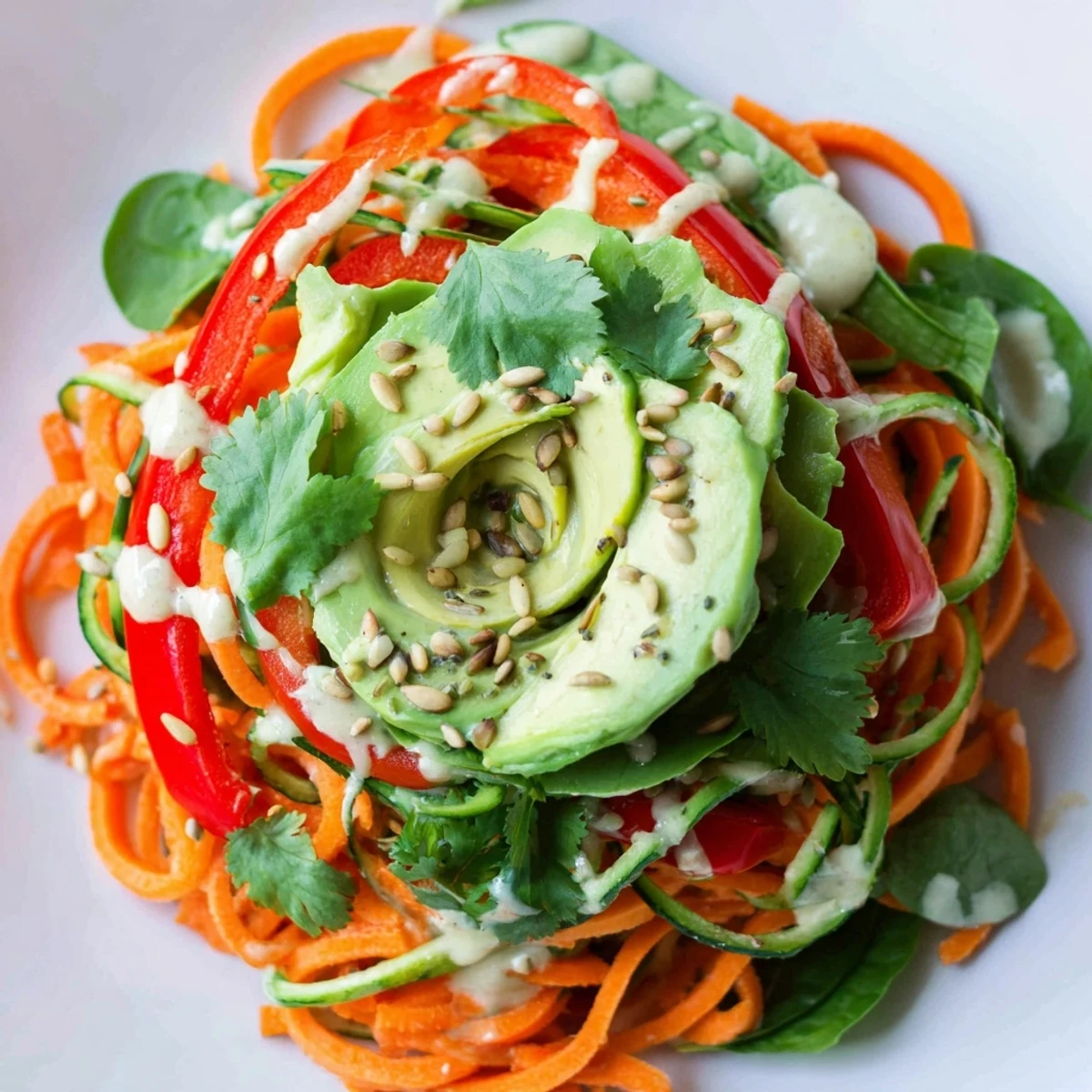 A delicious Carrot Noodle Skincare Bowl, featuring vibrant spiralized carrots and creamy avocado, perfect for a light meal.
