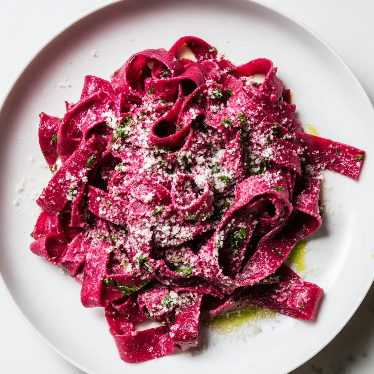 Steaming plate of Beet Noodle Pasta with fresh herbs, ready to be enjoyed as a vibrant, colorful meal.
