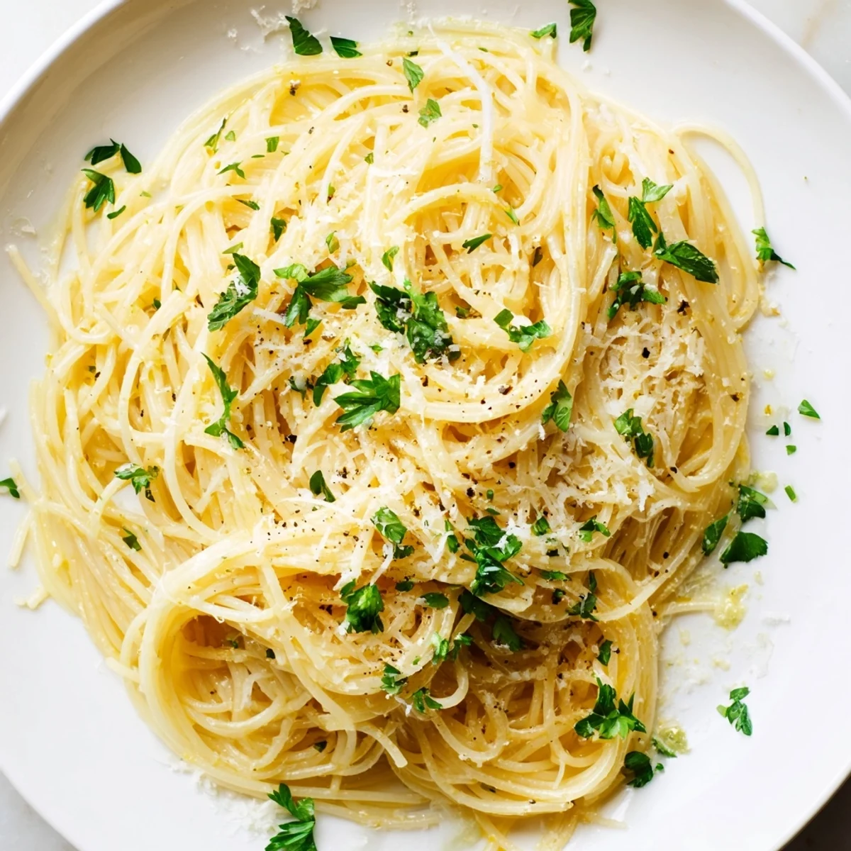 A bright close-up of Lemon Butter Pasta Light featuring parsley and Parmesan, perfectly plated.