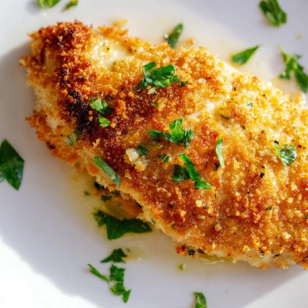 Golden roasted garlic Parmesan chicken breasts with a crispy, herb-flecked crust, resting on a baking sheet.  