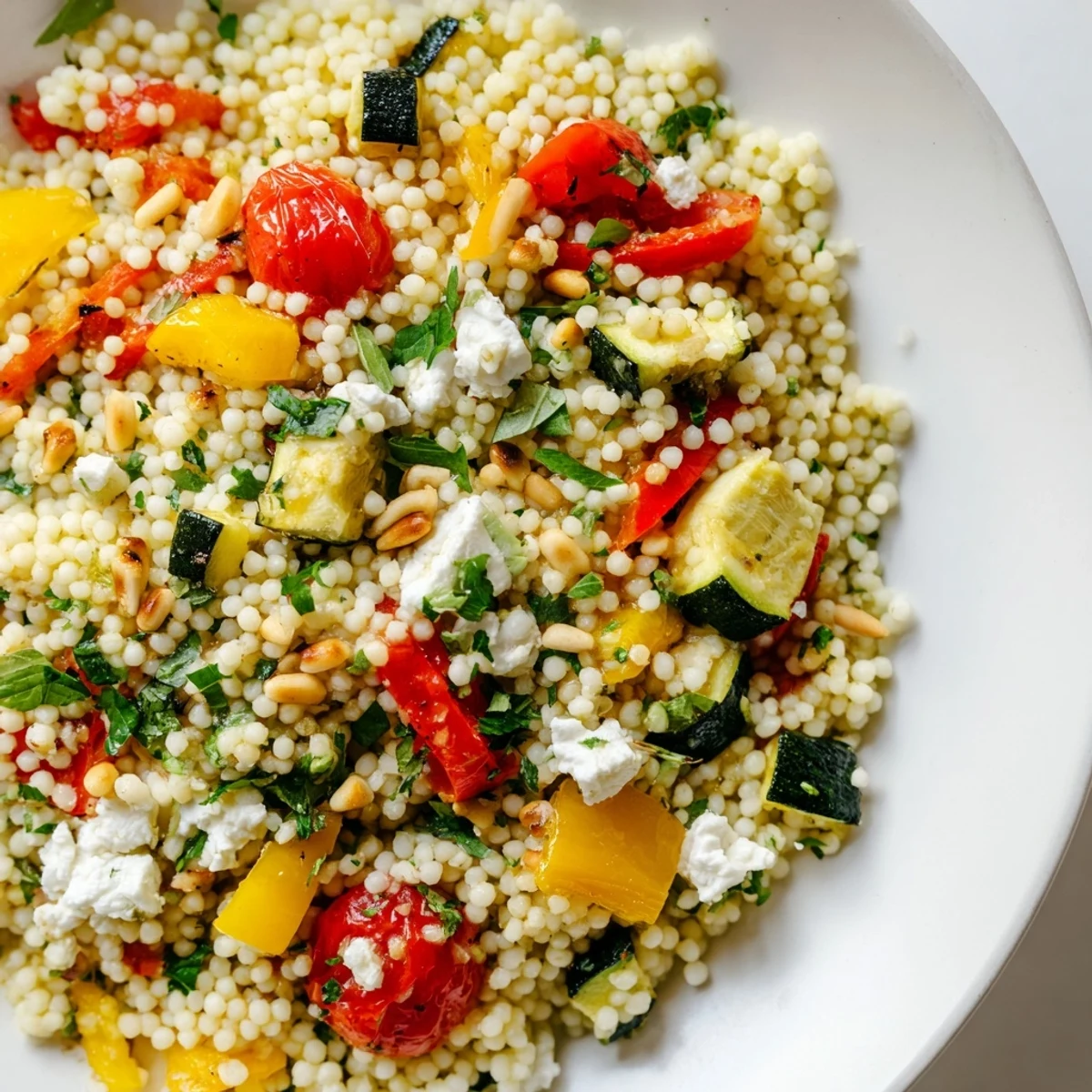 Fluffy couscous mixed with roasted vegetables, olive oil, and lemon dressing in this easy vegetarian side dish.