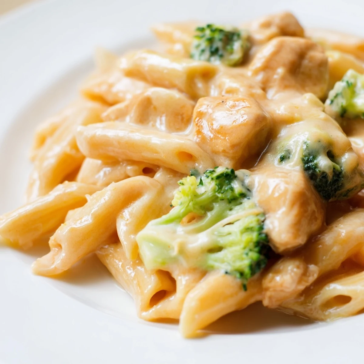 A close-up of cheesy chicken broccoli pasta steaming on a plate, garnished with extra sharp cheddar and a sprinkle of black pepper, perfect for a cozy family dinner.  