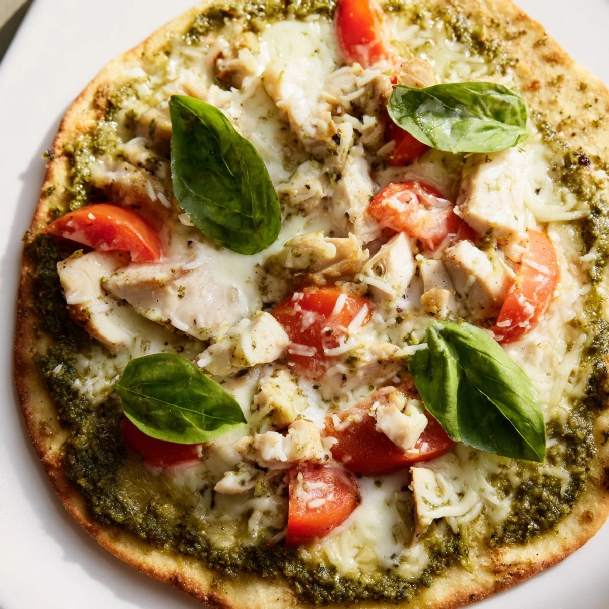 A close-up slice of warm Chicken Pesto Pizza shows melty mozzarella, fresh tomato rounds, and fragrant basil pesto on a crisp thin crust.