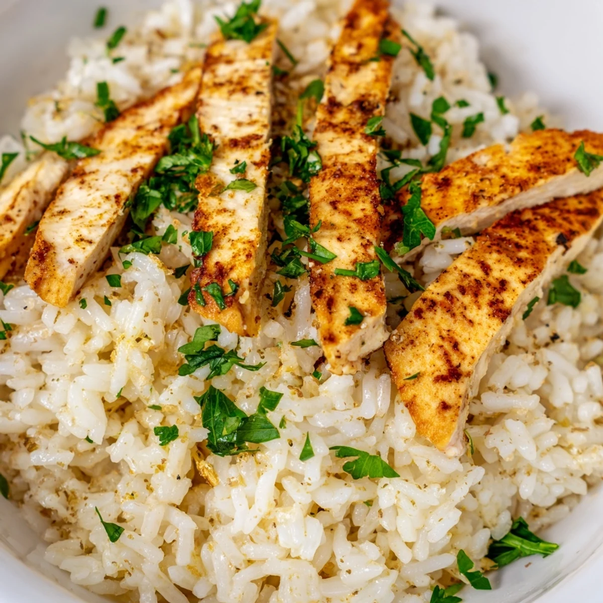 Golden-brown grilled chicken slices rest atop fluffy garlic butter rice, garnished with fresh parsley and served with lemon wedges on a rustic plate.