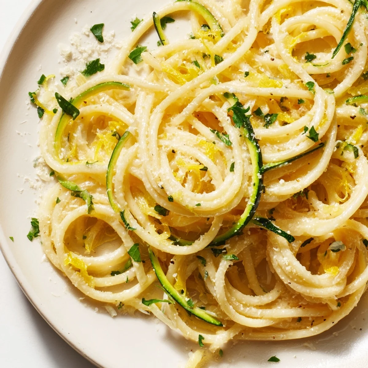 Bright spiralized zucchini and al dente pasta swirl in a zesty lemon butter sauce, topped with fresh parsley and grated Parmesan.
