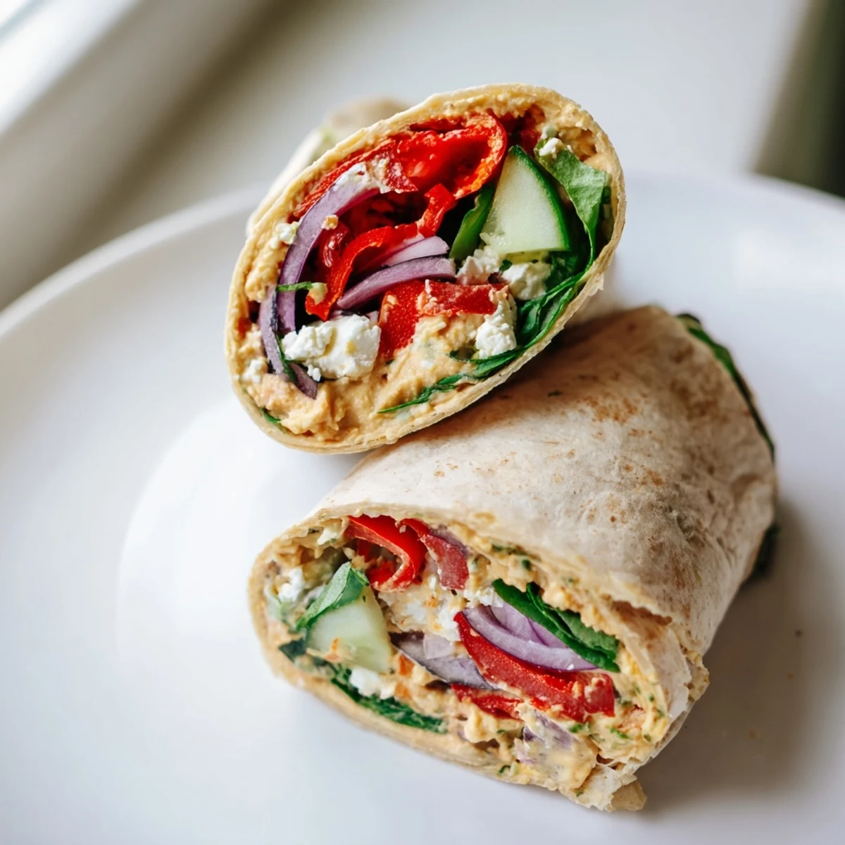 A plated Mediterranean Veggie Wrap cut in half, revealing creamy hummus, vibrant roasted red peppers, and fresh spinach inside a soft tortilla.