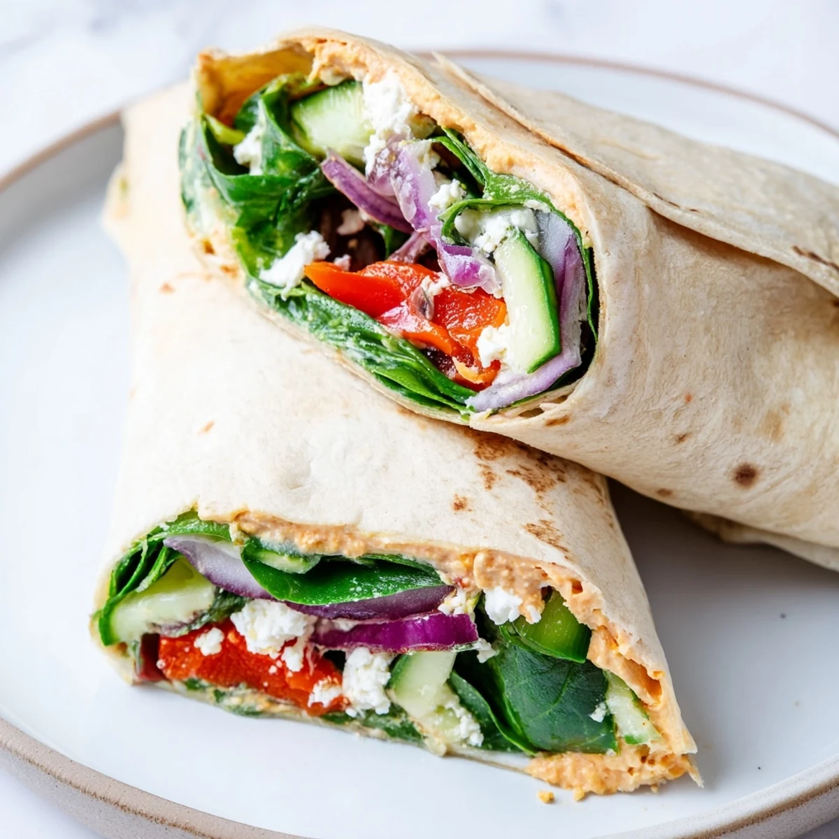 Hand-held Mediterranean Veggie Wrap with hummus and feta on a wooden cutting board, perfect for a quick and healthy vegetarian lunch.