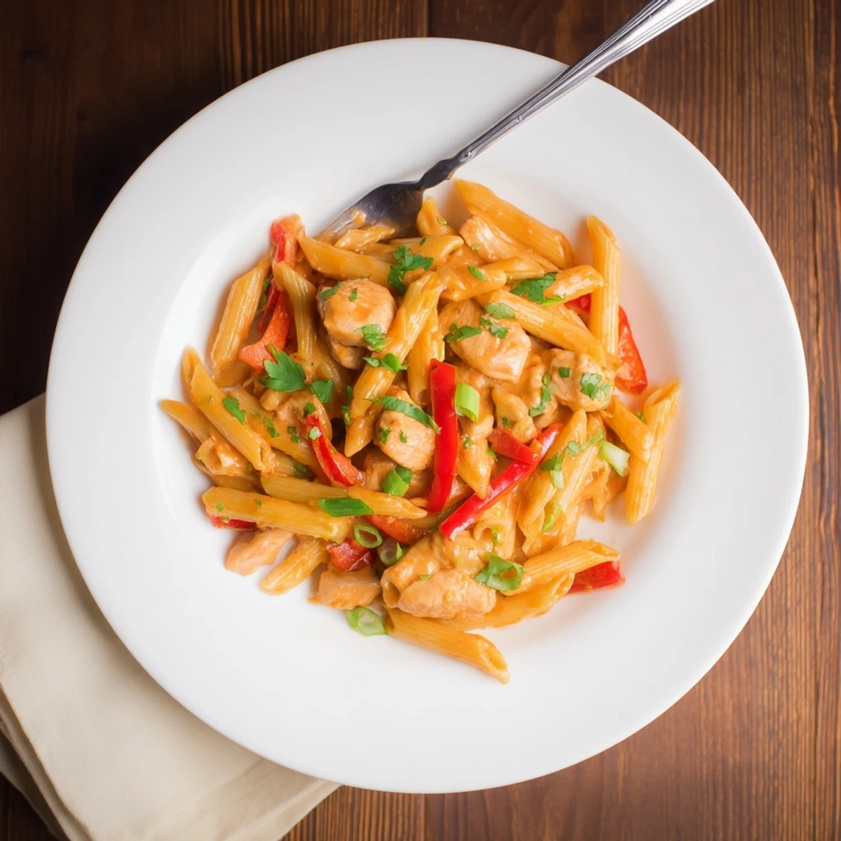 Golden, saucy Sweet Chili Chicken Pasta in a white bowl, garnished with fresh cilantro, spring onions, and sesame seeds.