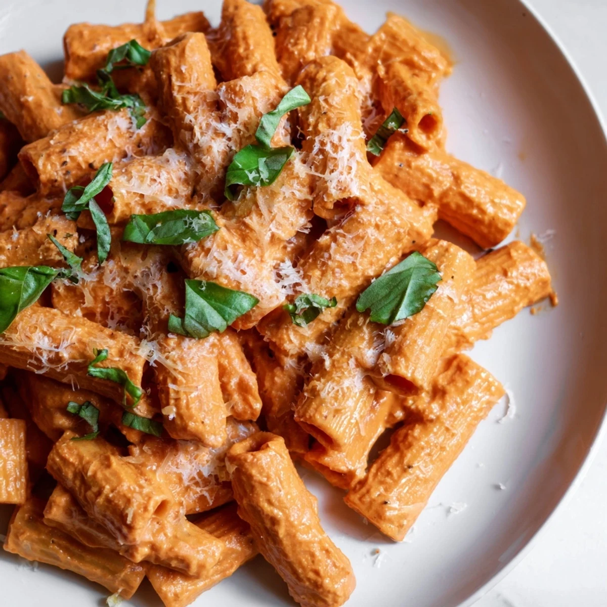 Serve Creamy Roasted Red Pepper Pasta in a rustic bowl, garnished with fresh herbs for a colorful, weeknight-friendly main dish.