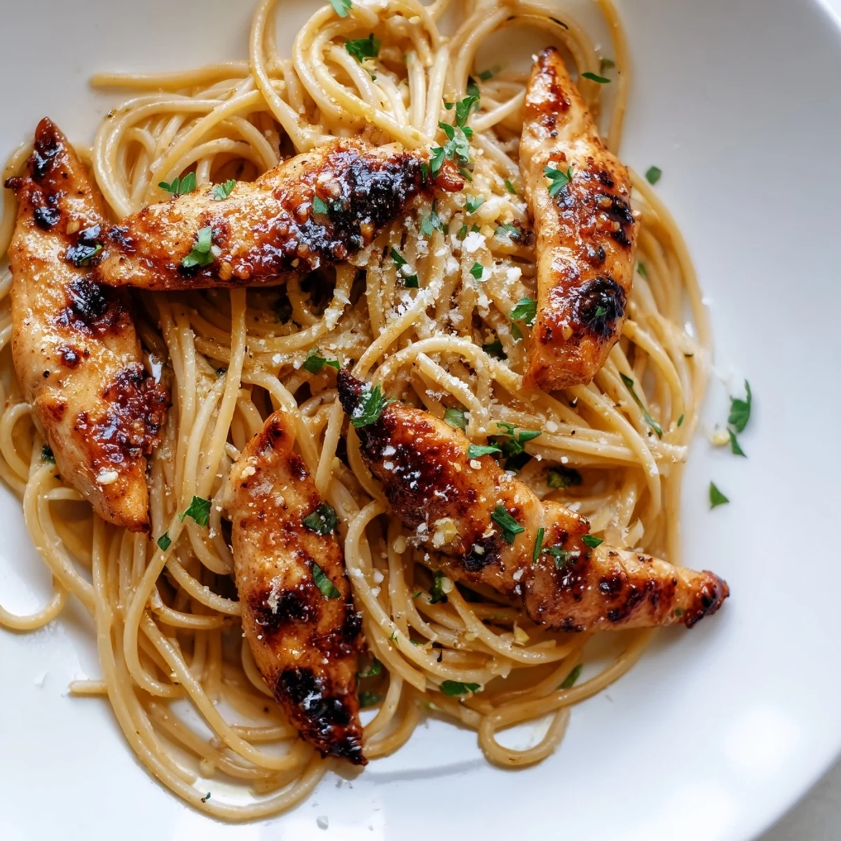 Golden-brown seared chicken strips rest atop spaghetti tossed in nutty brown butter and bright lemon juice, garnished with fresh parsley and Parmesan.  
