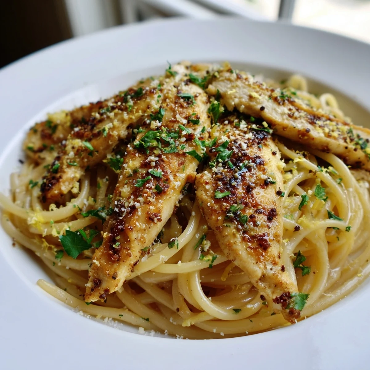 Serving suggestion for Brown Butter Lemon Chicken Pasta: a warm skillet dish garnished with chopped parsley and lemon zest, ready for dinner.