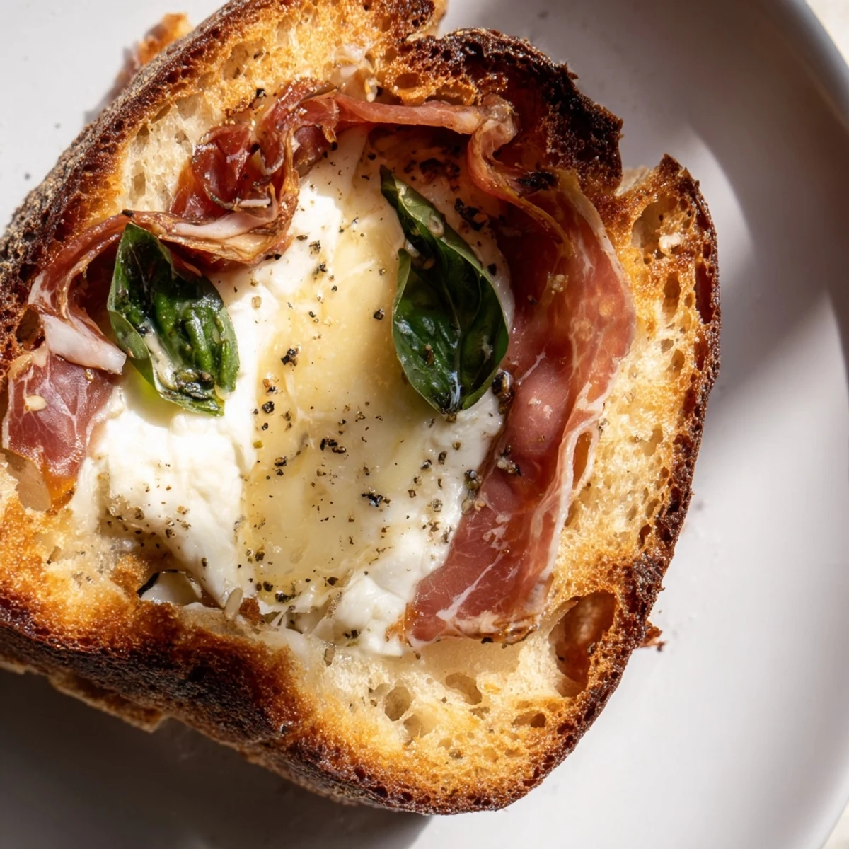 Golden, buttery sourdough grilled cheese filled with melted burrata and crispy prosciutto, served on a wooden board.