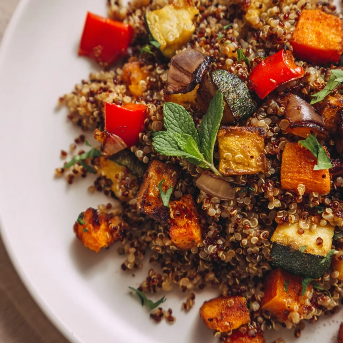 Fluffy Quinoa Vegetable Pilaf with roasted red peppers and zucchini, served warm in a rustic white bowl.