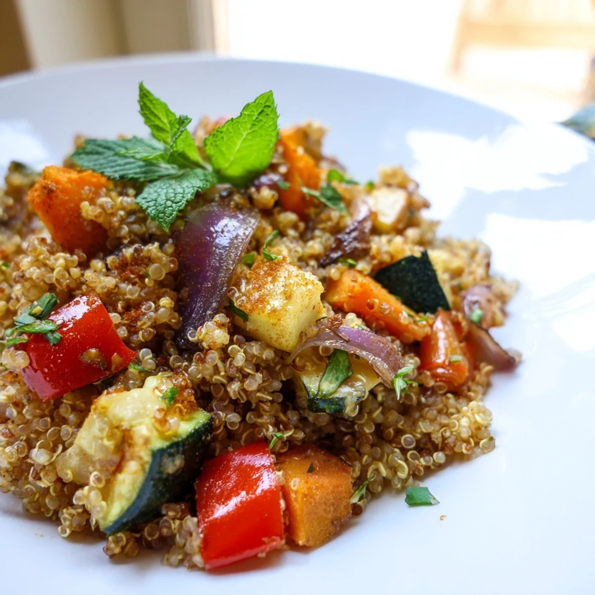 Forkful of vibrant Quinoa Vegetable Pilaf featuring golden roasted carrots and onions, garnished with fresh mint and parsley.