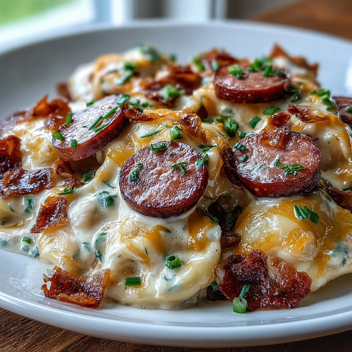 Creamy Crockpot Pierogi Casserole With Kielbasa served steaming in a bowl with fresh chives for garnish.