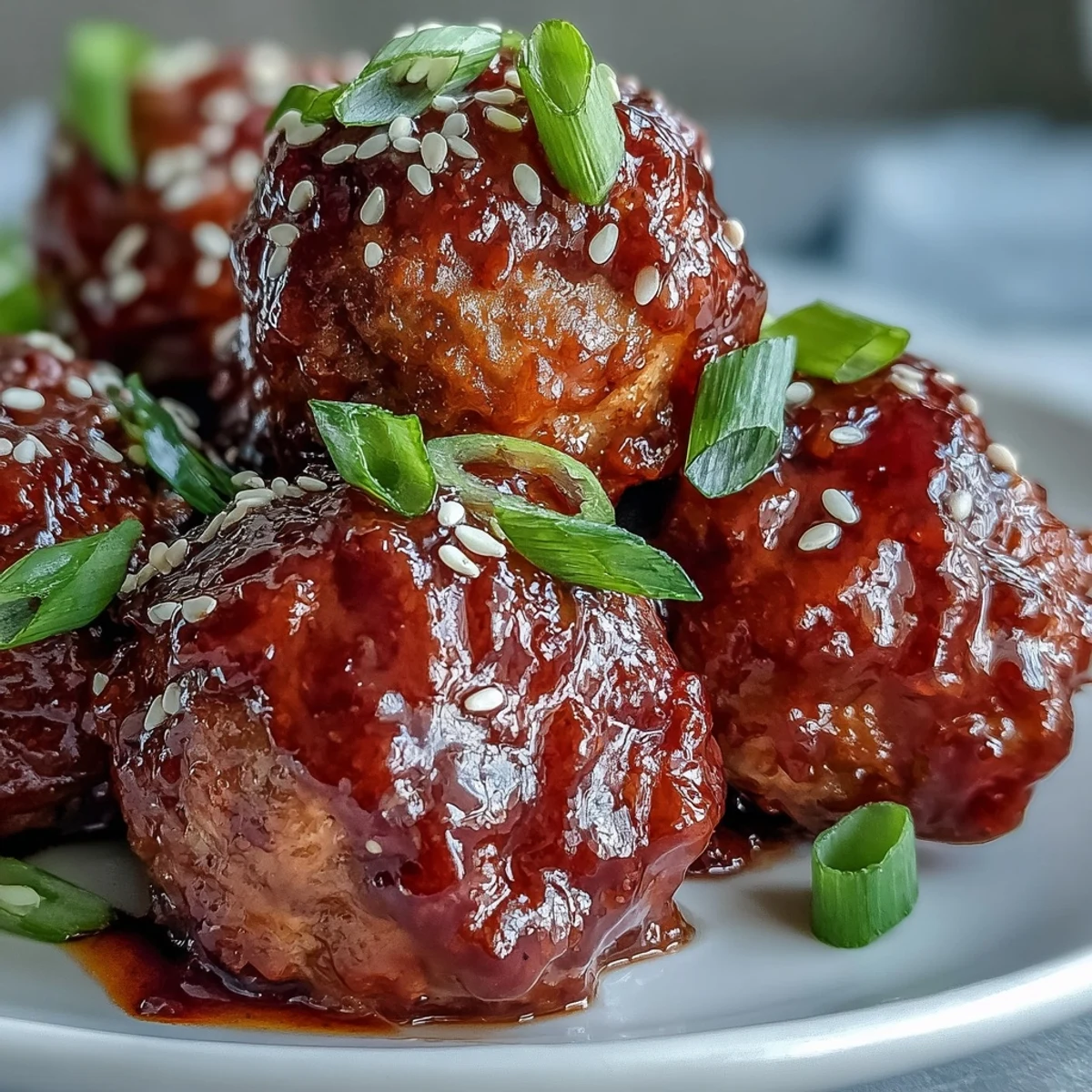 Easy Sweet and Sour Crock Pot Meatballs simmered in a sticky, tangy glaze, garnished with green onions and sesame seeds, served as a party appetizer.