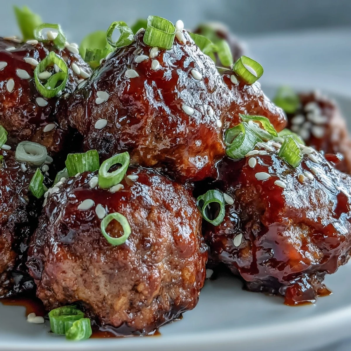 A close-up of Easy Sweet and Sour Crock Pot Meatballs coated in a glossy, reddish-orange sauce, garnished with sesame seeds on a rustic wooden serving platter.