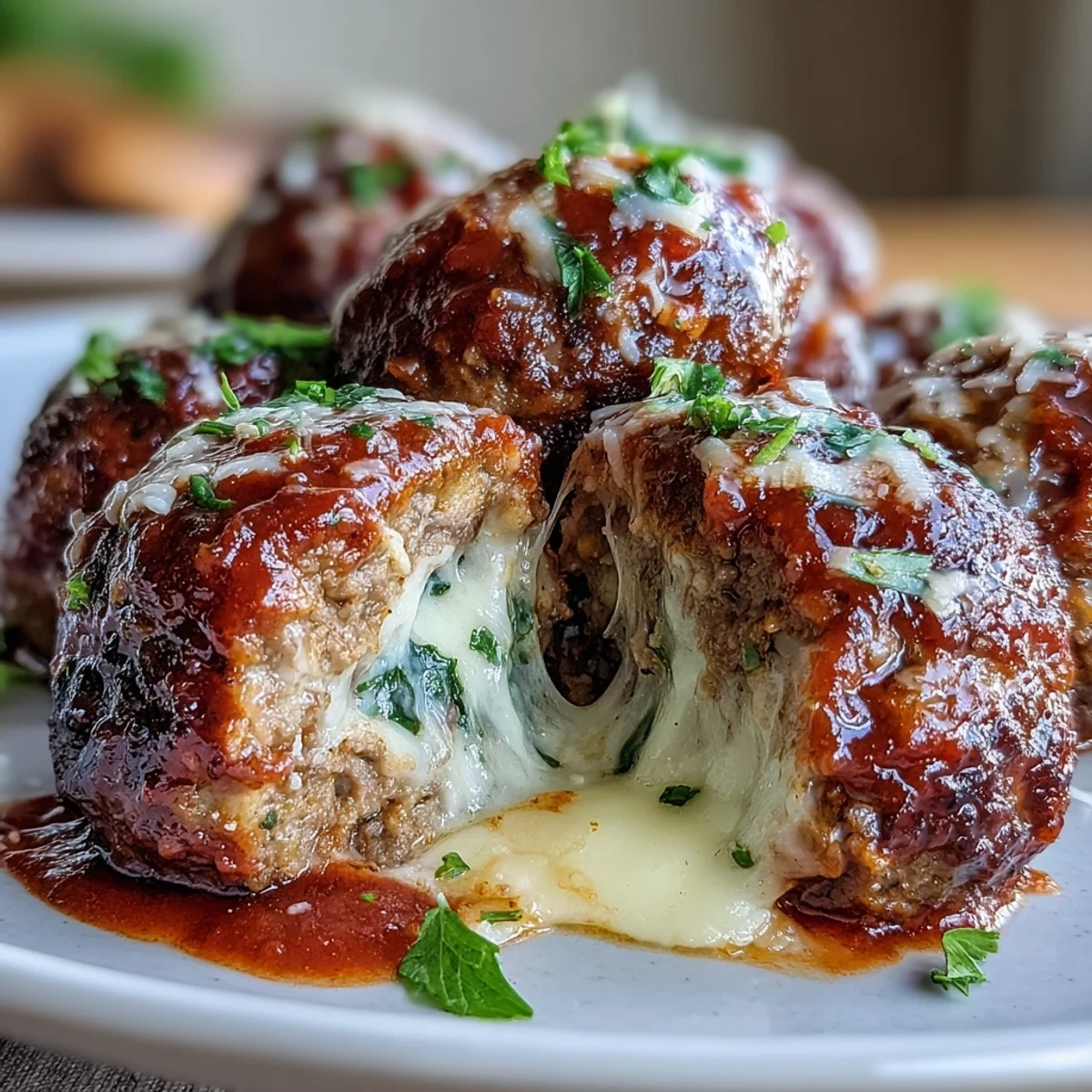 Close-up of Cheesy, Garlicky Meatballs With Marinara shows juicy beef and pork meatballs oozing melted Parmesan and mozzarella.