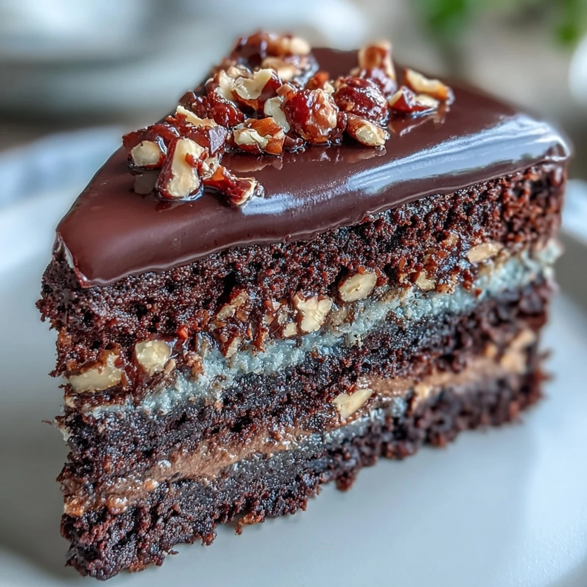 This decadent chocolate celebration cake features glossy ganache and toasted hazelnut praline, perfect for birthdays or special gatherings.  