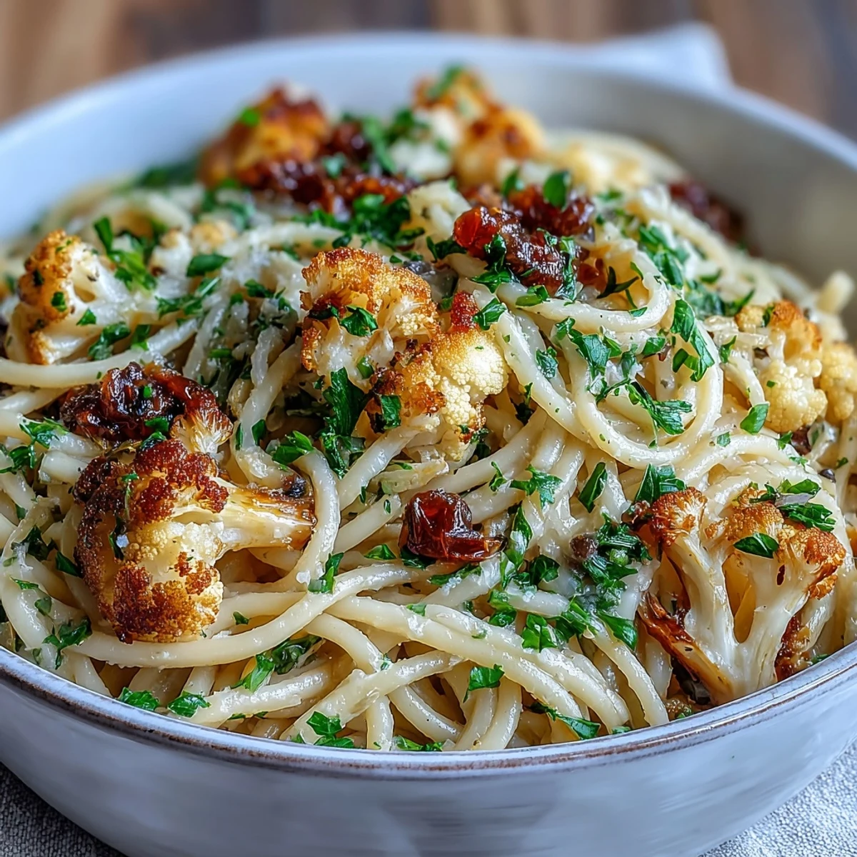 Close-up of Cauliflower, Anchovy and Raisin Spaghetti topped with fresh parsley and lemon zest, ready for a quick, healthy family dinner.