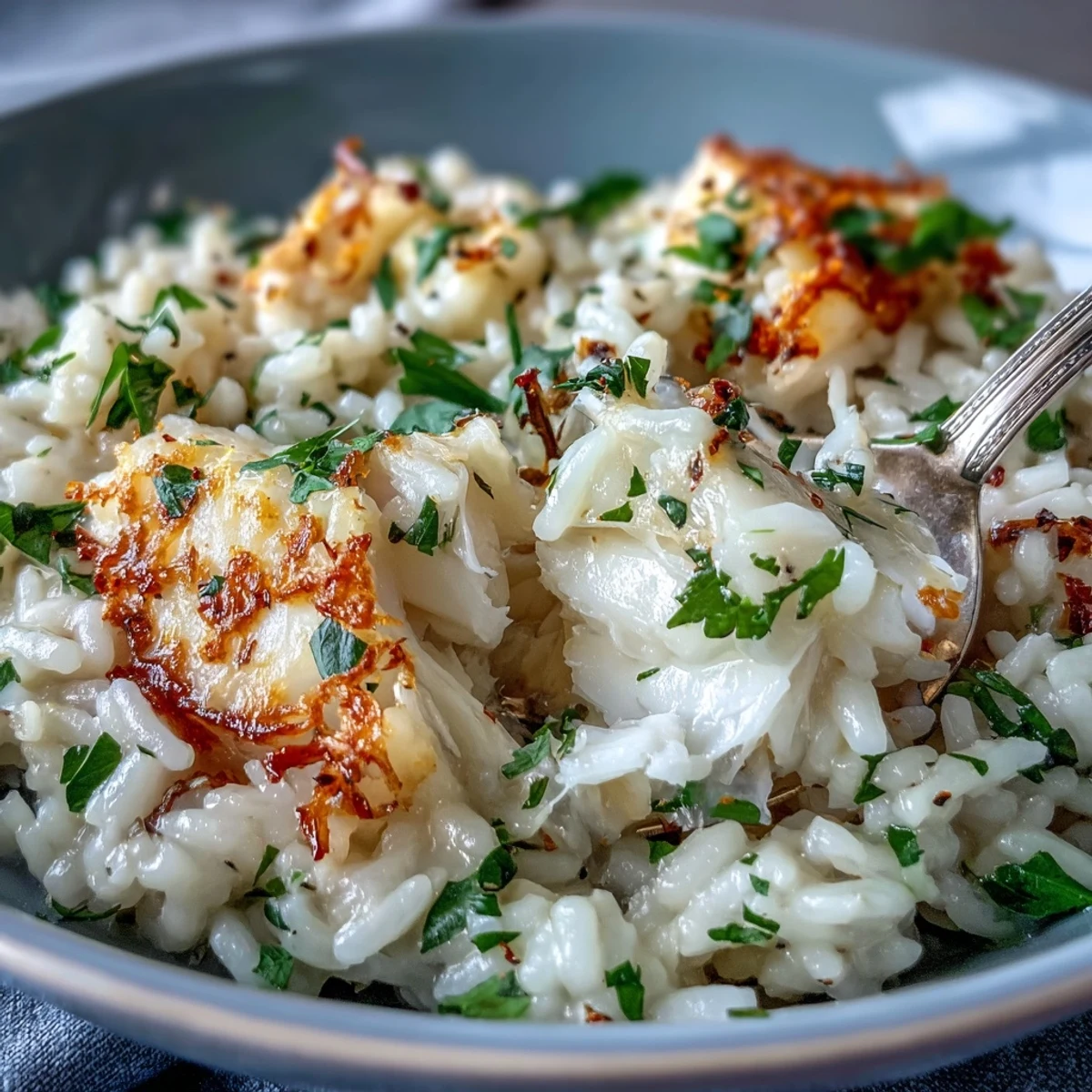 A close-up of Smoked Haddock Risotto in a wide bowl, garnished with fresh parsley and lemon zest.