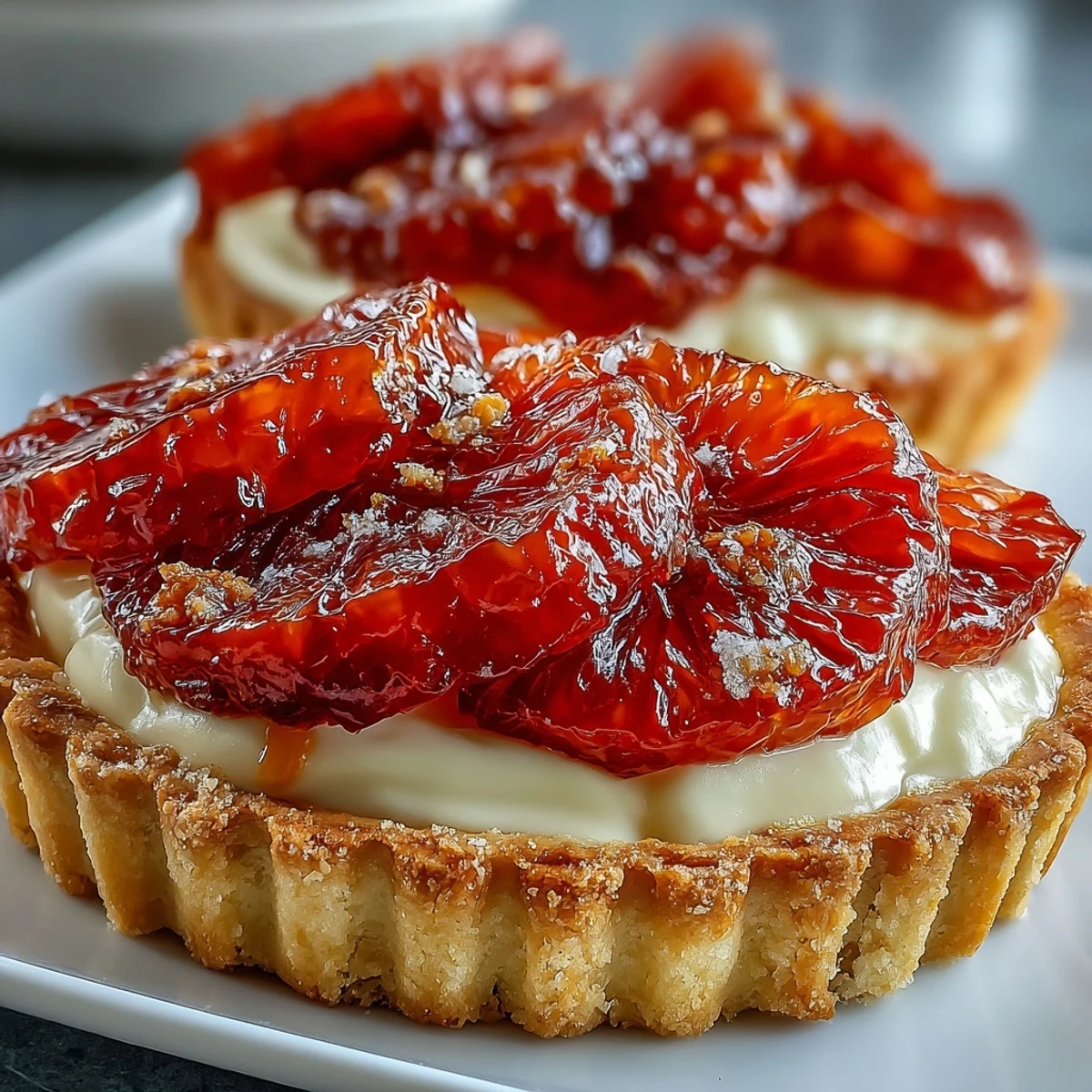 Overhead view of six Blood Orange Tarts arranged on a marble surface with sliced oranges nearby.