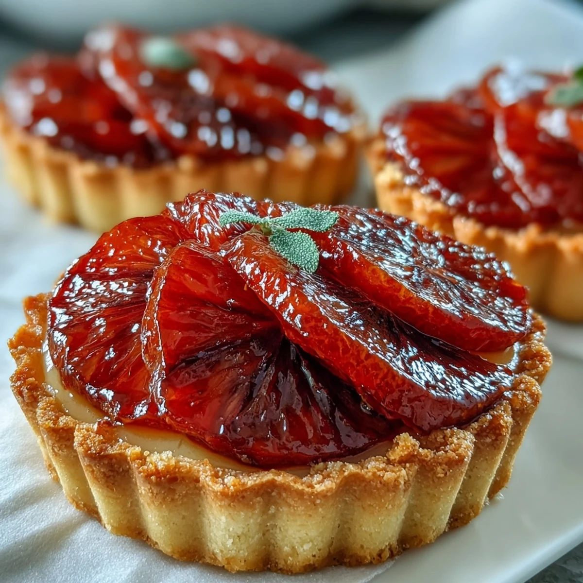 Hand reaching for a freshly baked Blood Orange Tart with a glossy honey glaze, ready to serve.