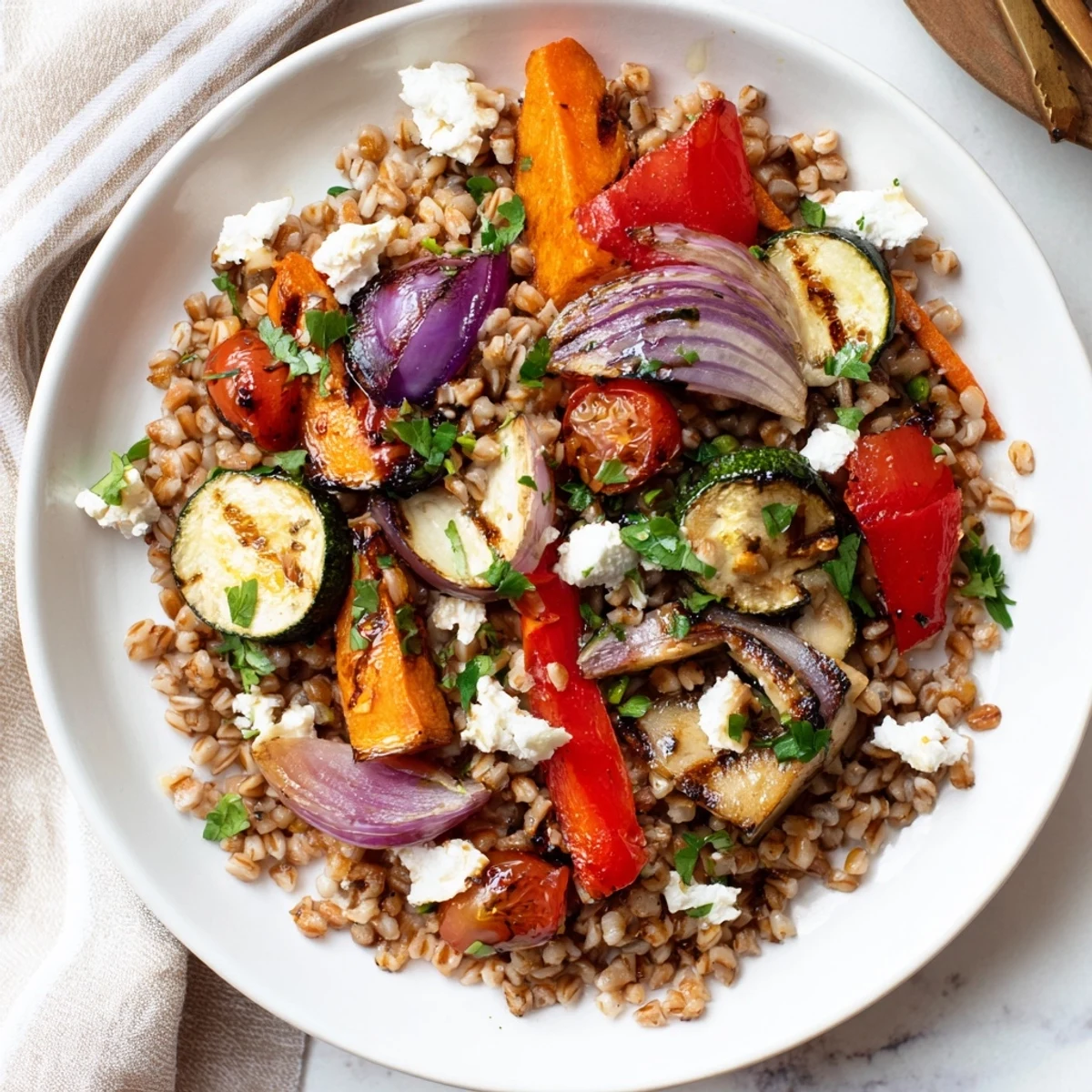 Caramelized roasted vegetables tossed with chewy farro, perfect for a healthy meal.