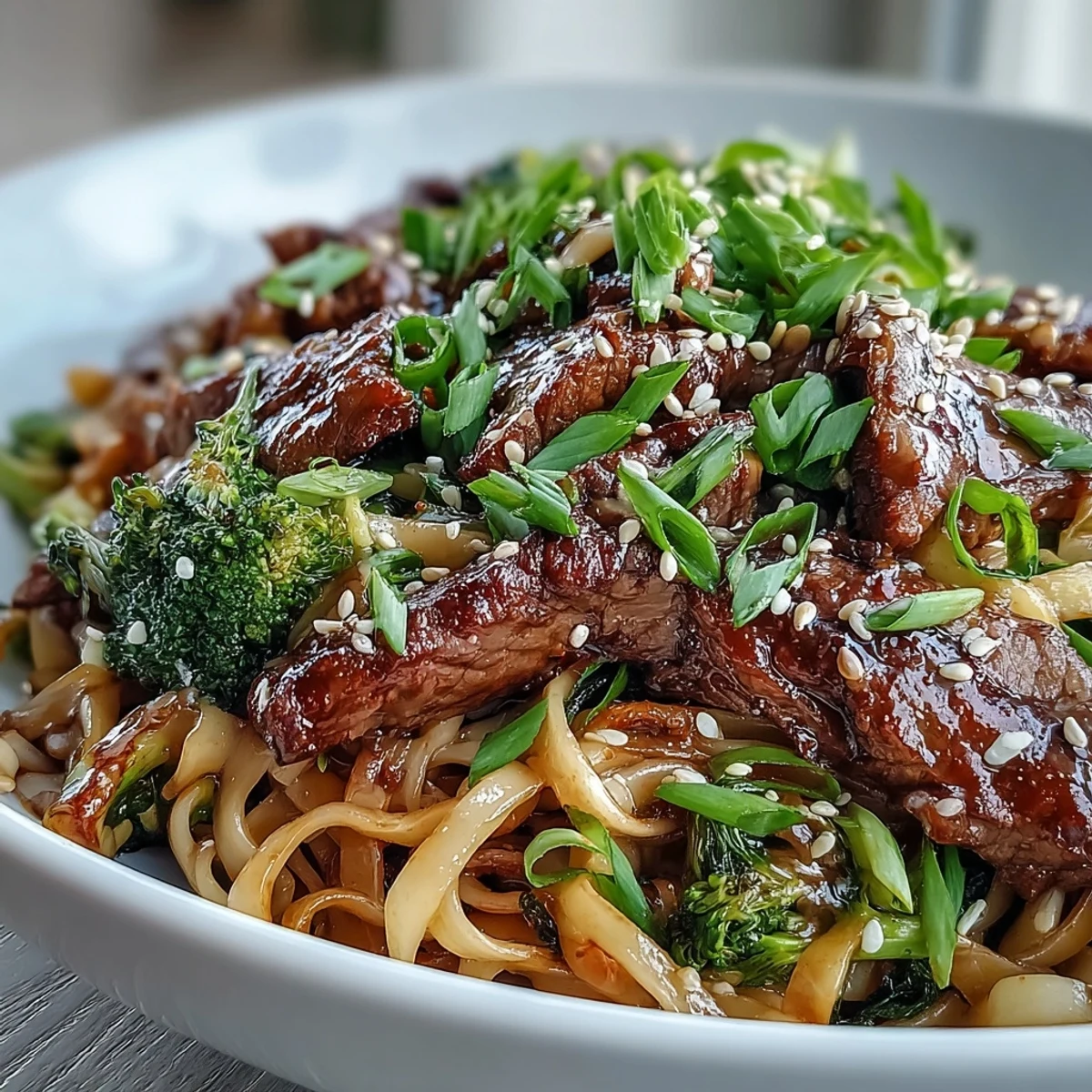 Sizzling tender beef and crisp vegetables mingle in a garlic-ginger skillet, creating a flavor-packed Korean Beef Noodles bowl served over steamy rice noodles.