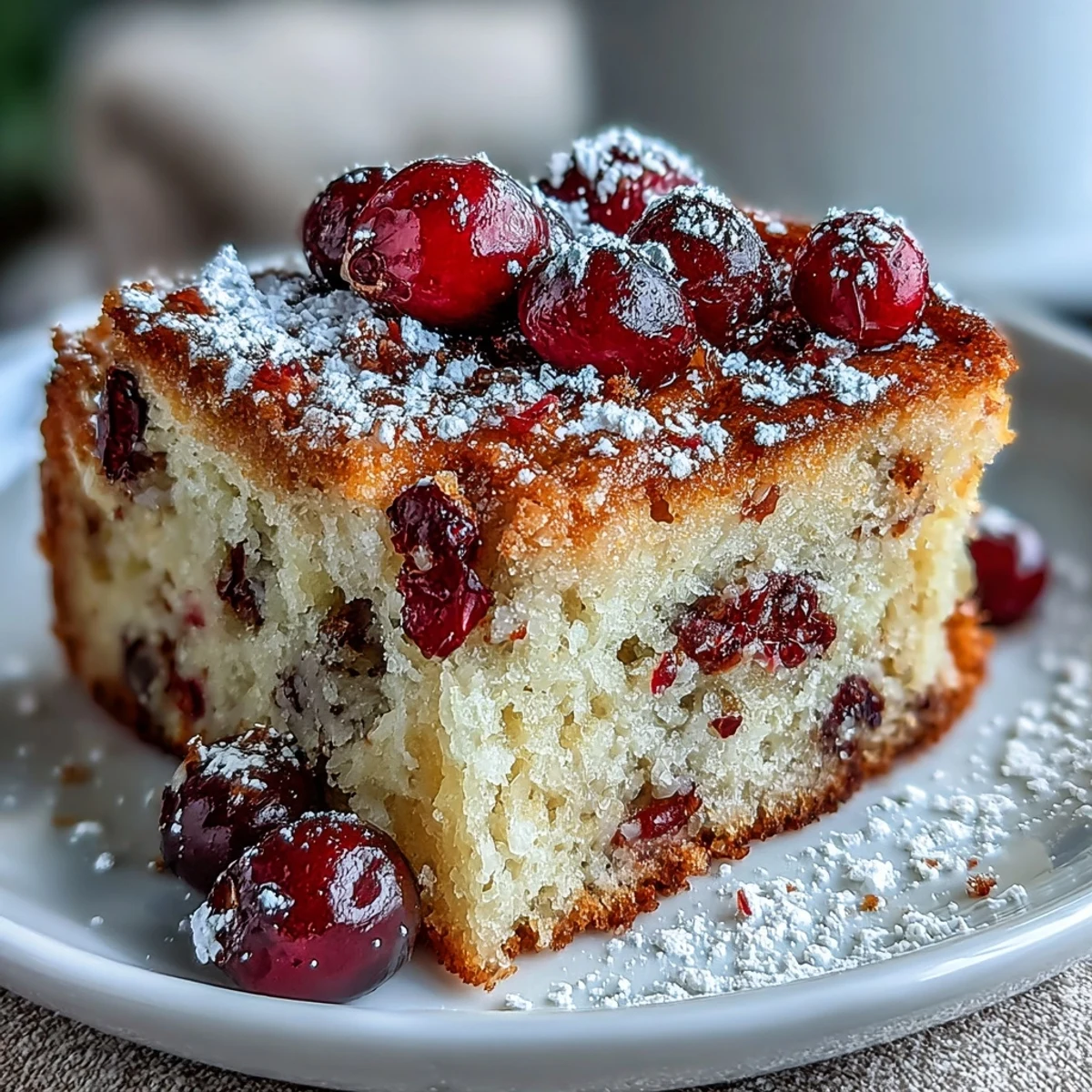 Overhead view of a sliced Cranberry Orange Breakfast Cake showing tender, moist interior studded with tart cranberries and bright orange zest, perfect for brunch or a sweet breakfast treat.