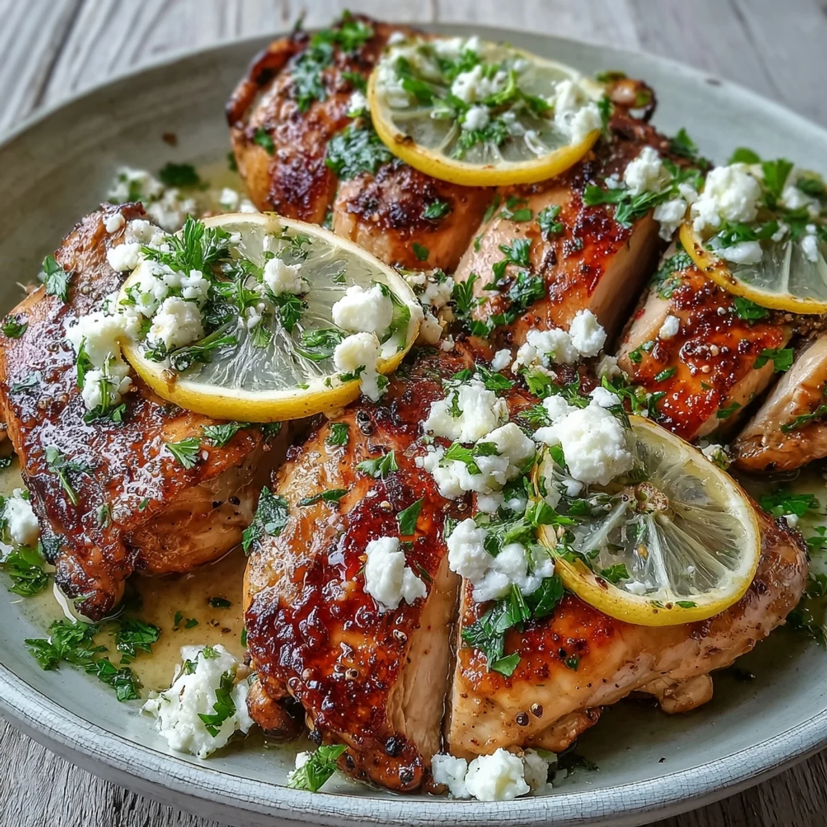 Greek Chicken with Lemon and Feta served with fresh parsley and lemon wedges on a white plate.