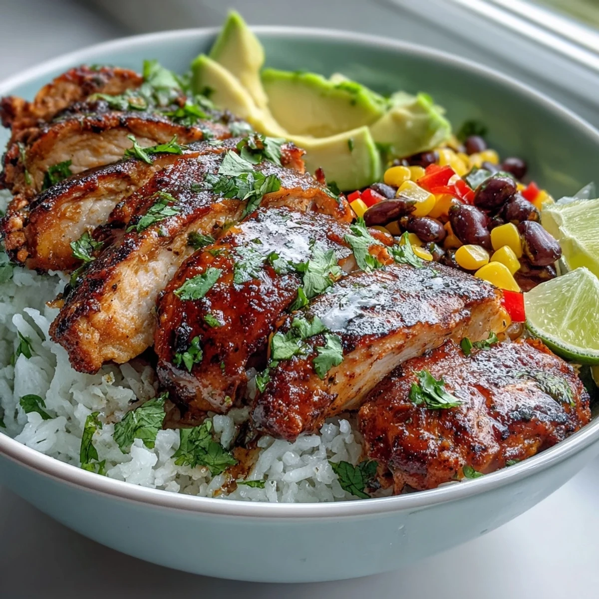 A vibrant Cajun Chicken Bowl features golden, spice-rubbed chicken served over fluffy rice with colorful bell peppers, black beans, and sweet corn, garnished with avocado slices and fresh cilantro.