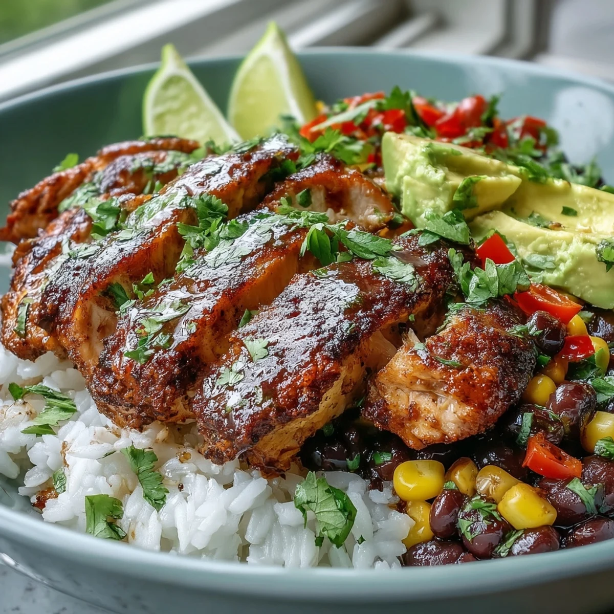 A close-up of a delicious Cajun Chicken Bowl shows seasoned chicken, sautéed red and yellow peppers, and creamy avocado on rice, with corn and black beans throughout.